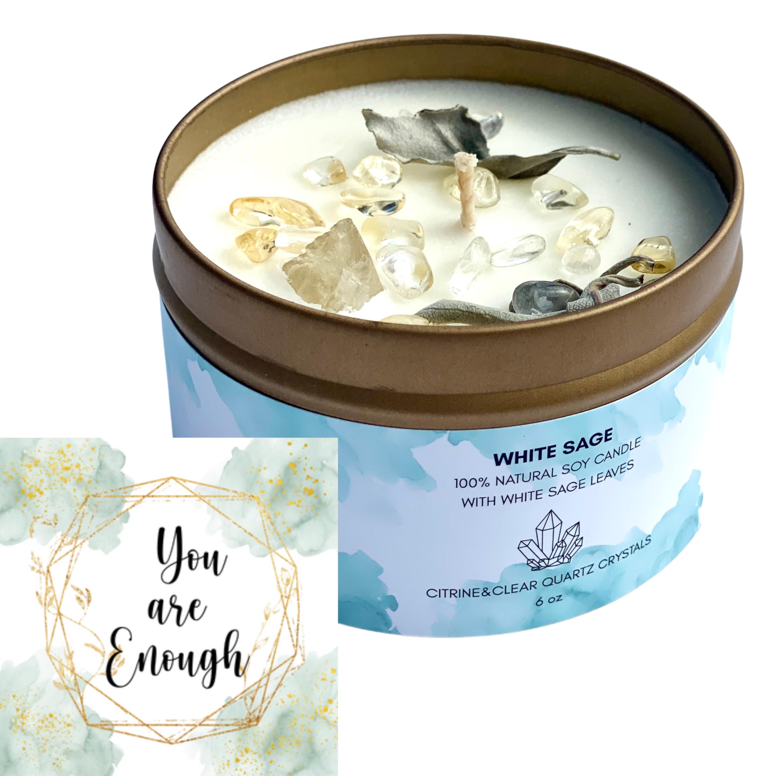 Picki Nicki White Sage Smudge Candle with Citrine and Quartz Gemstone Crystals 9 oz Made with Natural Soy Wax Scented with Essential and Fragrance Oils (White)