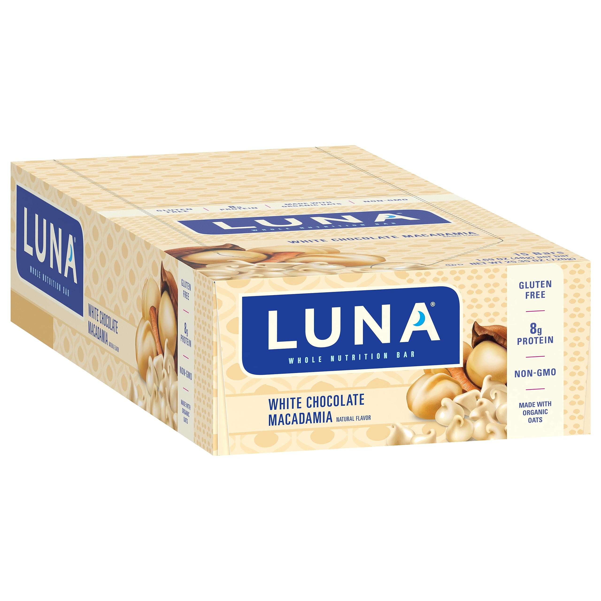 LUNA Bar - White Chocolate Macadamia Flavor - Gluten-Free - Non-GMO - 7-9g Protein - Made with Organic Oats - Low Glycemic - Whole Nutrition Snack Bars - 1.69 oz. (15 Count)