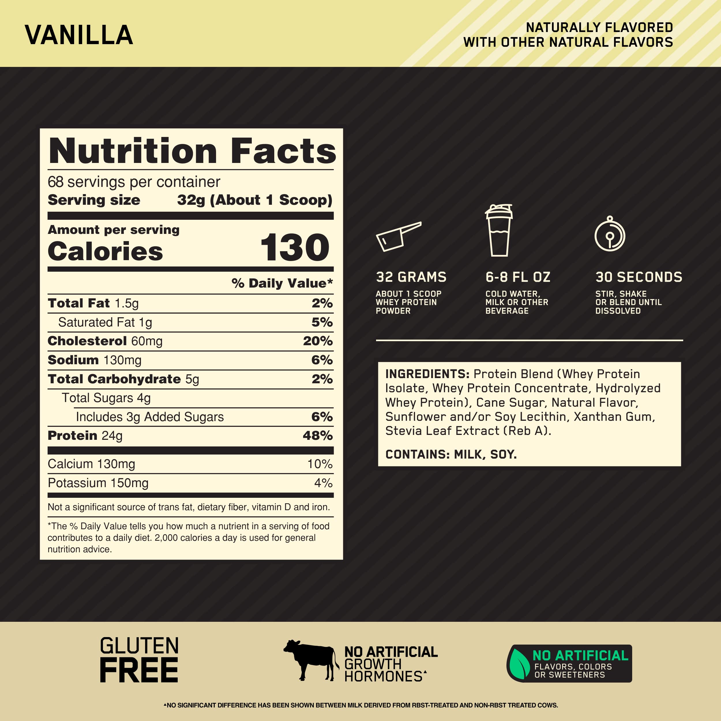 Optimum Nutrition Gold Standard 100% Whey Protein Powder 4.8 (Packaging May Vary) Naturally Flavored, Vanilla, 76.8 Ounce