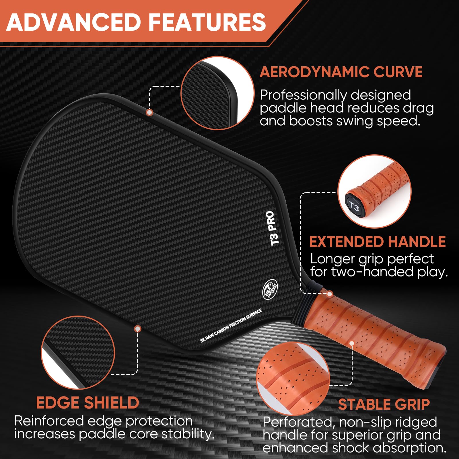 Pickleball Paddle - 3K Raw Carbon Fiber Surface (CFS) + Carbon Abrasion Surface (CAS) with High Grit & Spin, Sure-Grip Elongated Handle, Pickle Ball Paddle with 16mm Polypropylene Honeycomb Core