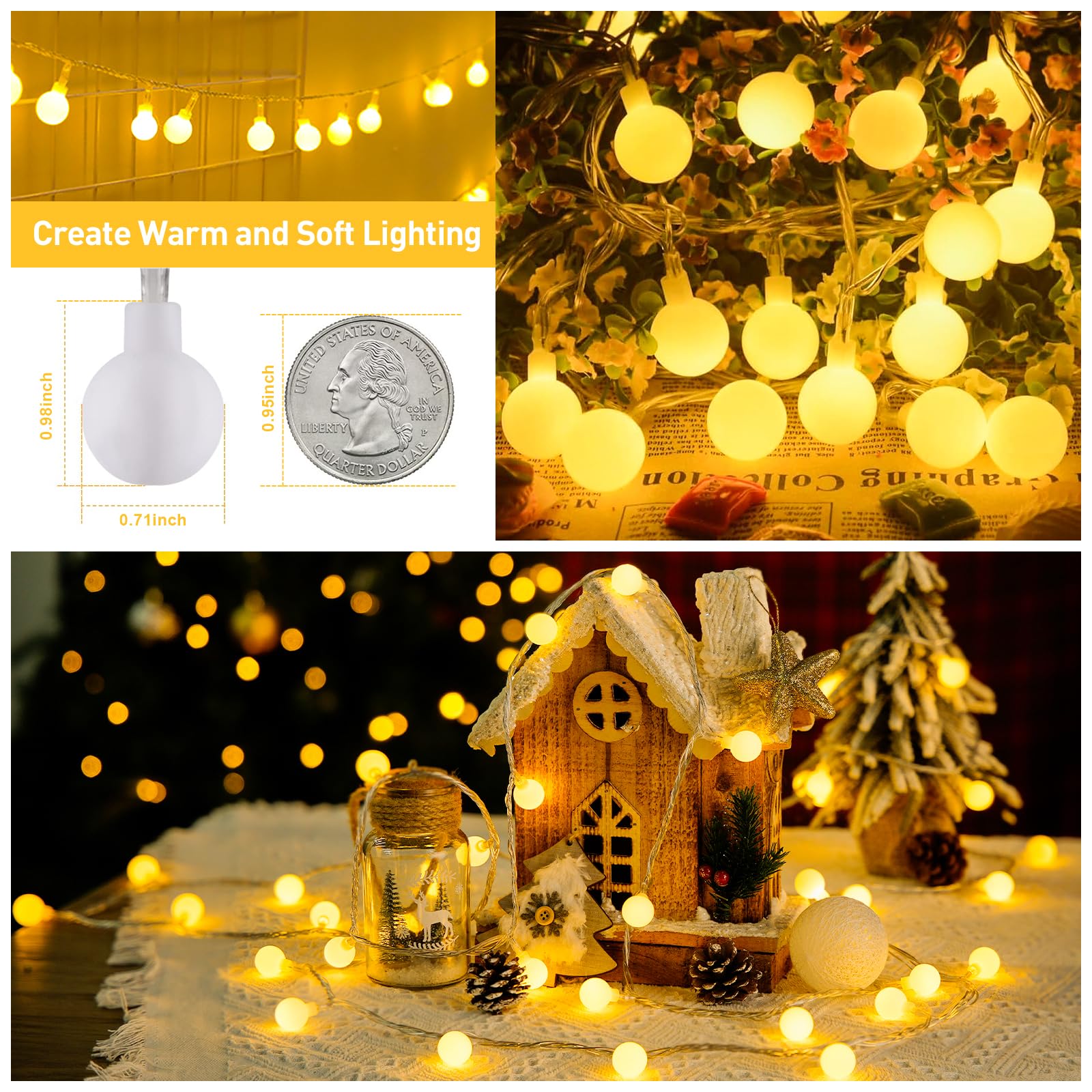 JMEXSUSS 100 LED Connectable Globe String Lights Indoor Bedroom, 33ft Warm White Christmas Lights with Remote Plug in, 8Mode Hanging Fairy Lights Outdoor Waterproof for Room Dorm Christmas Decorations