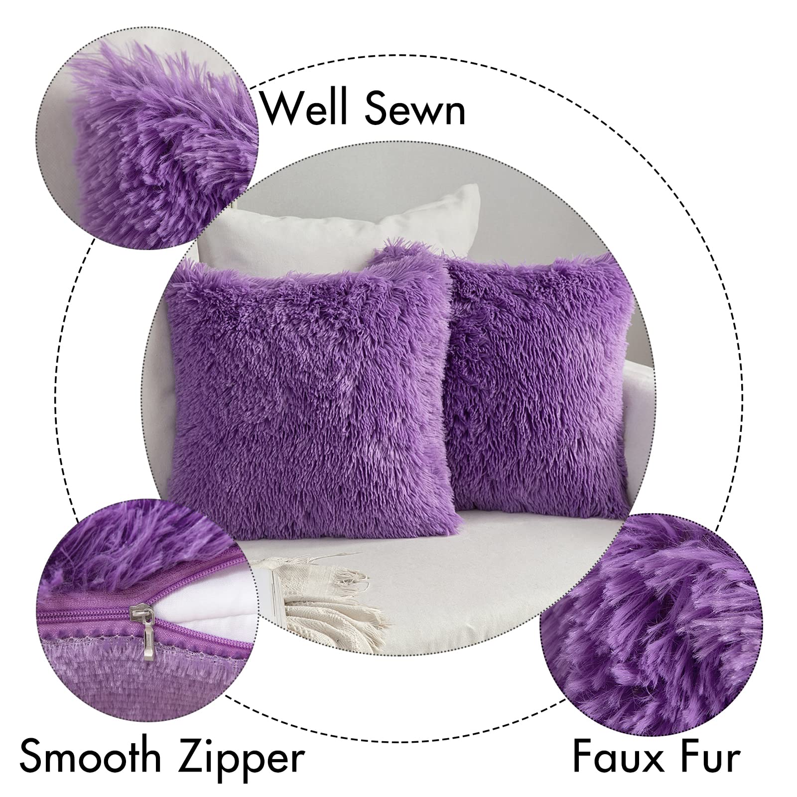 MIULEE Pack of 2 Luxury Faux Fur Throw Pillow Cover Deluxe Winter Decorative Plush Pillow Case Cushion Cover Shell for Sofa Bedroom Car 18 x 18 Inch Purple