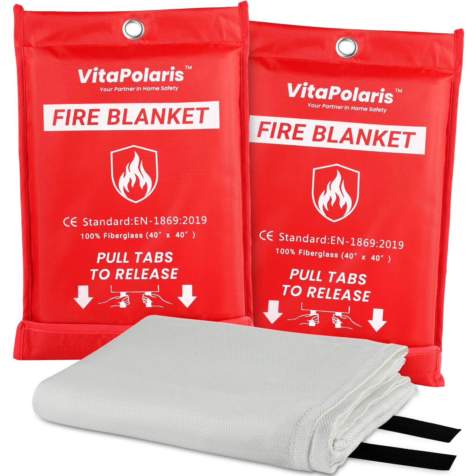 VitaPolaris Heavy-Duty Emergency Fire Blanket - 2 Pack - 40"x40" Fire Suppression Blanket, Flame Retardant Fiberglass for Home, Kitchen, Grill, Car, Camping, Survival, Fire Safety