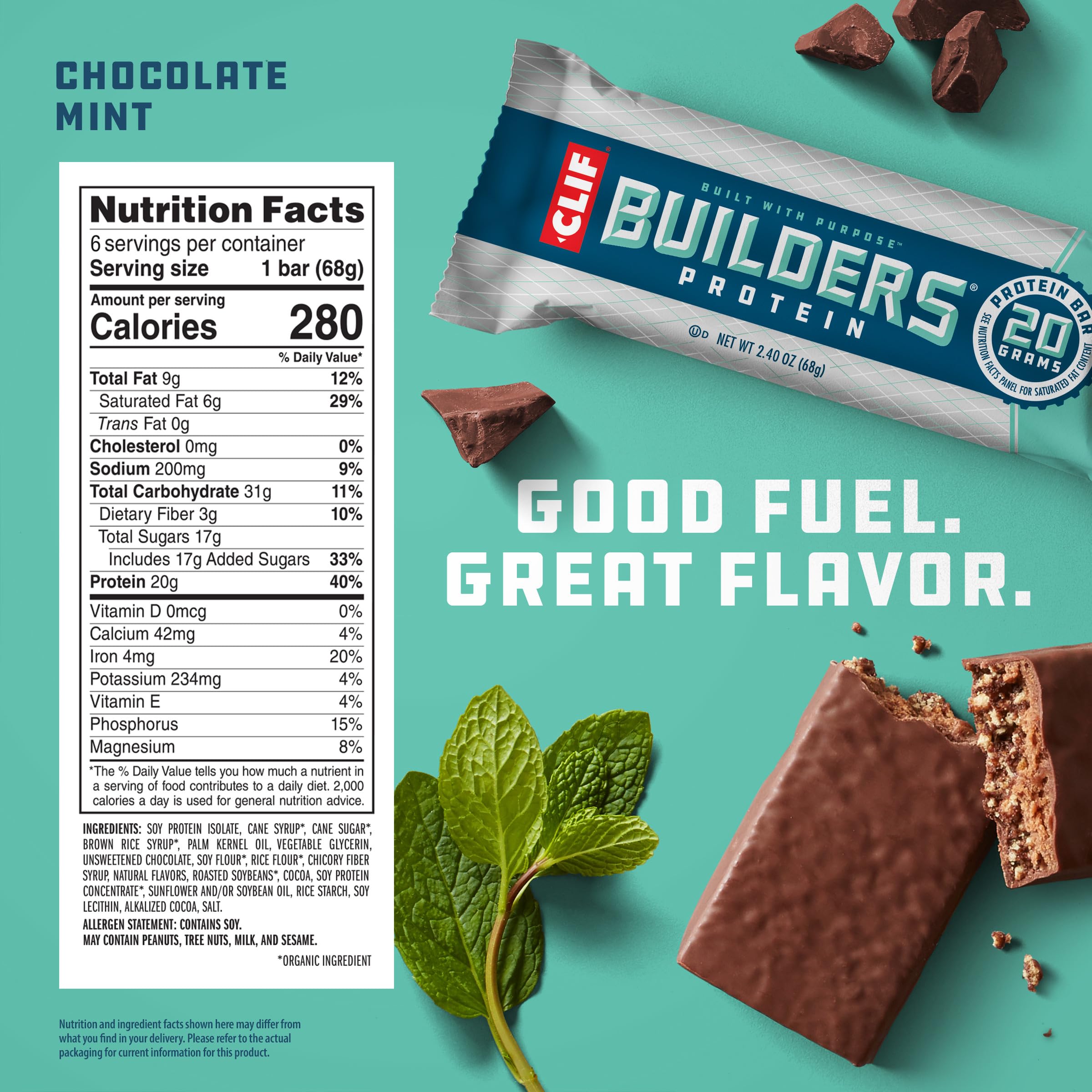 CLIF Builders - Chocolate Mint Flavor - Plant Based Protein Bars - Gluten Free - Non-GMO - Low Glycemic - 20g Protein - 2.4 oz. (6 Pack)