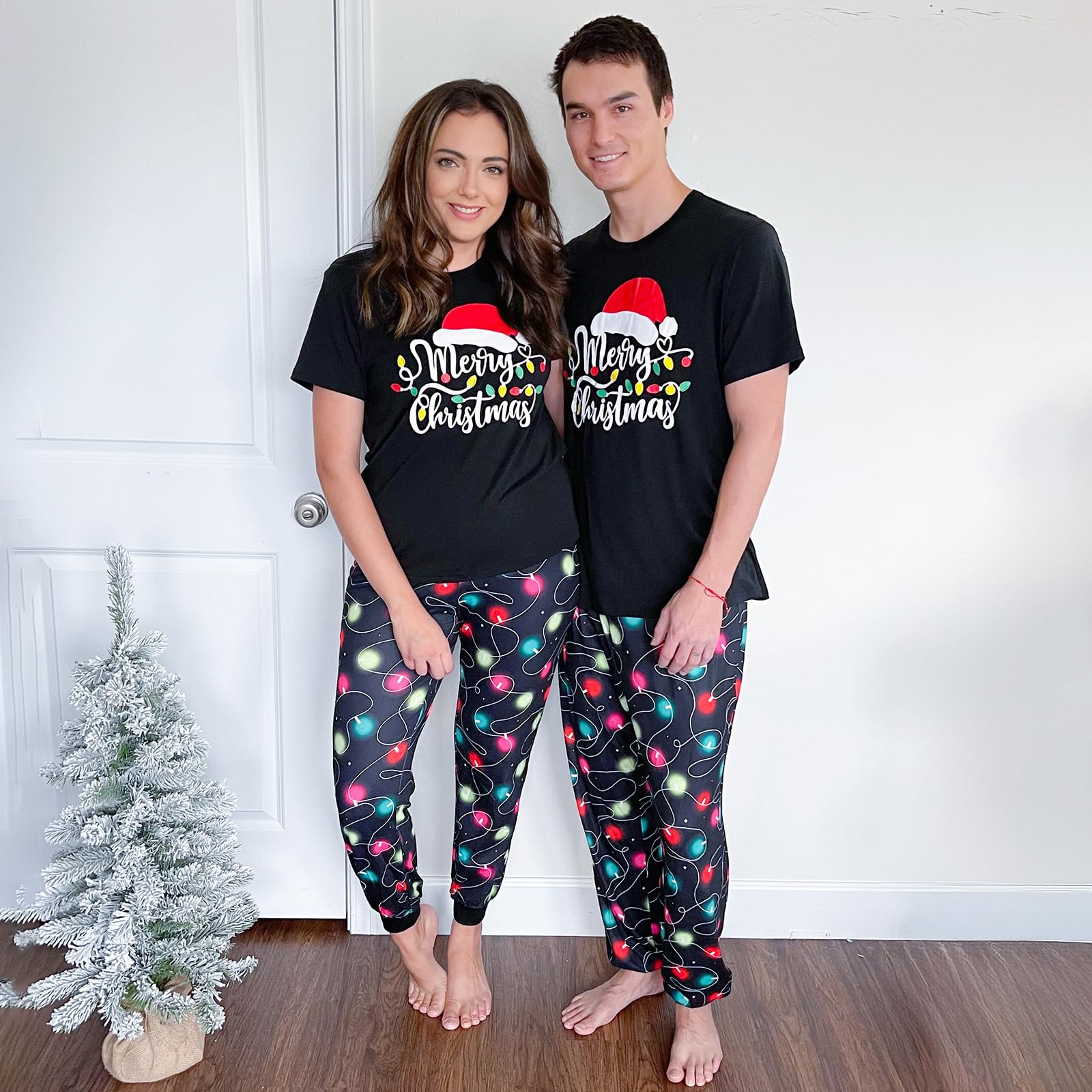 IFFEI Christmas Pajamas for Family Letter Print Matching Holiday PJ's Sets with Short Sleeve Tee and Pants Loungewear Women M Black