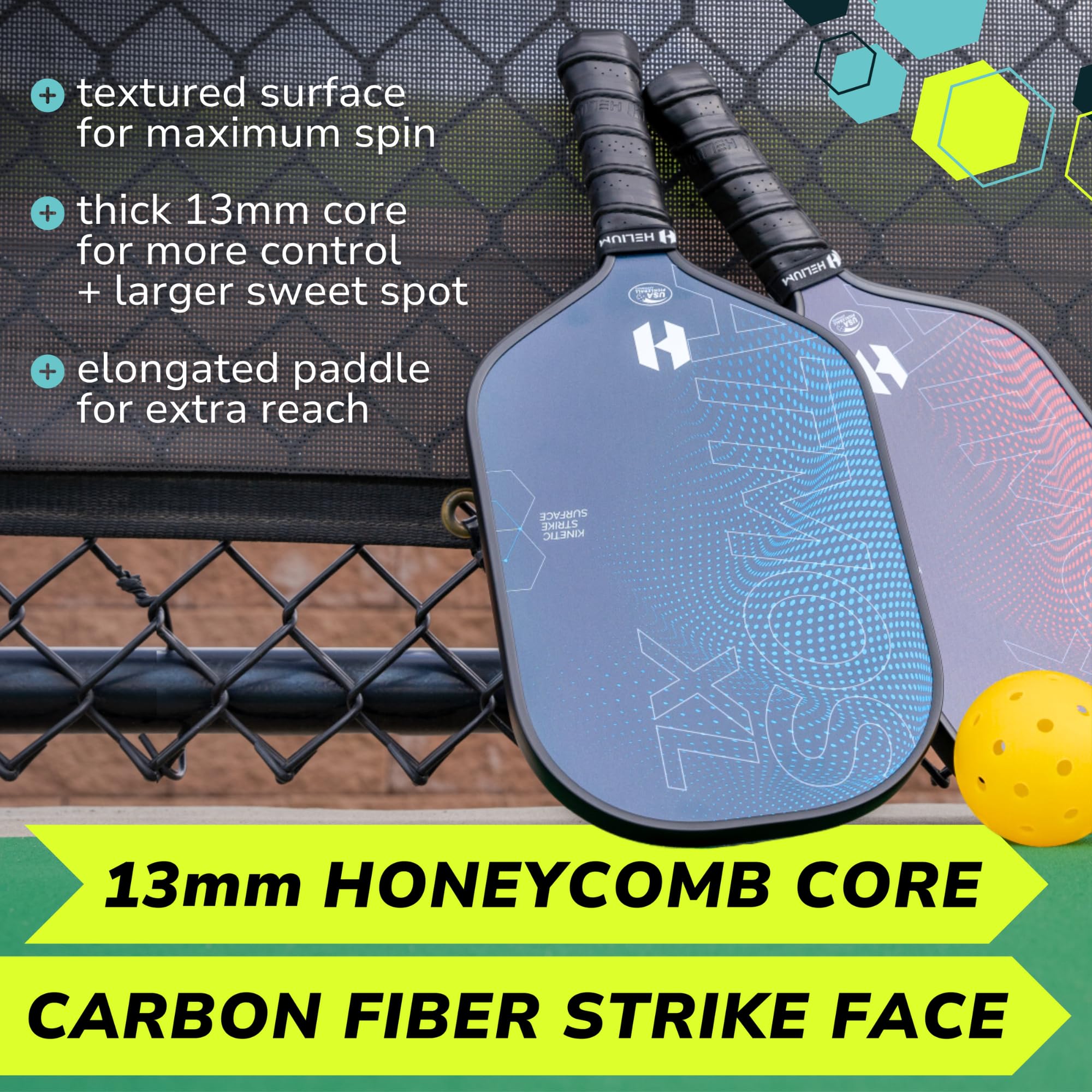 Helium Pro Carbon Fiber Pickleball Paddle Set of 2 - USAPA Certified Pickleball Paddles, High-Spin Texture, Lightweight Honeycomb Core (2 Paddles, 4 Balls, 1 Sports Bag)