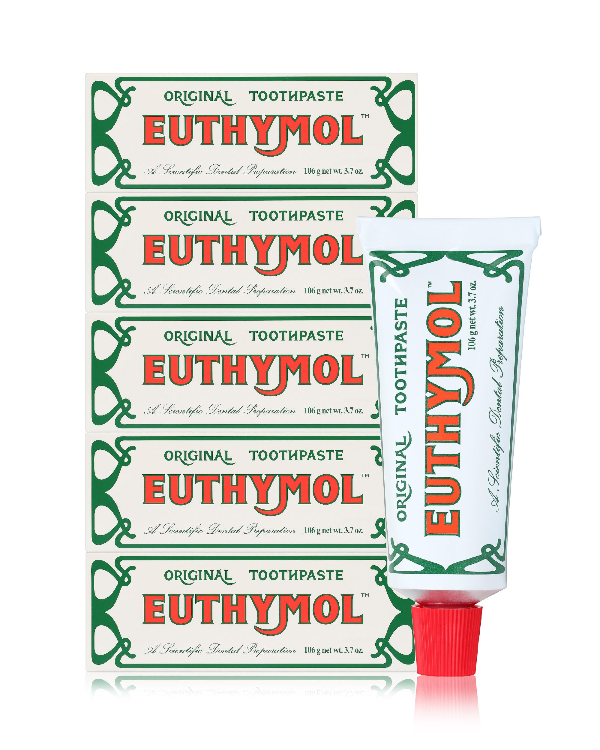 EUTHYMOL Original Toothpaste (3.7fl oz*5, Pack of 5) - Fluoride-Free Toothpaste for Sensitive Teeth & Gum. Bad Breath, Cavity Prevention, 12-Hour Long Lasting Freshness with Wintergreen