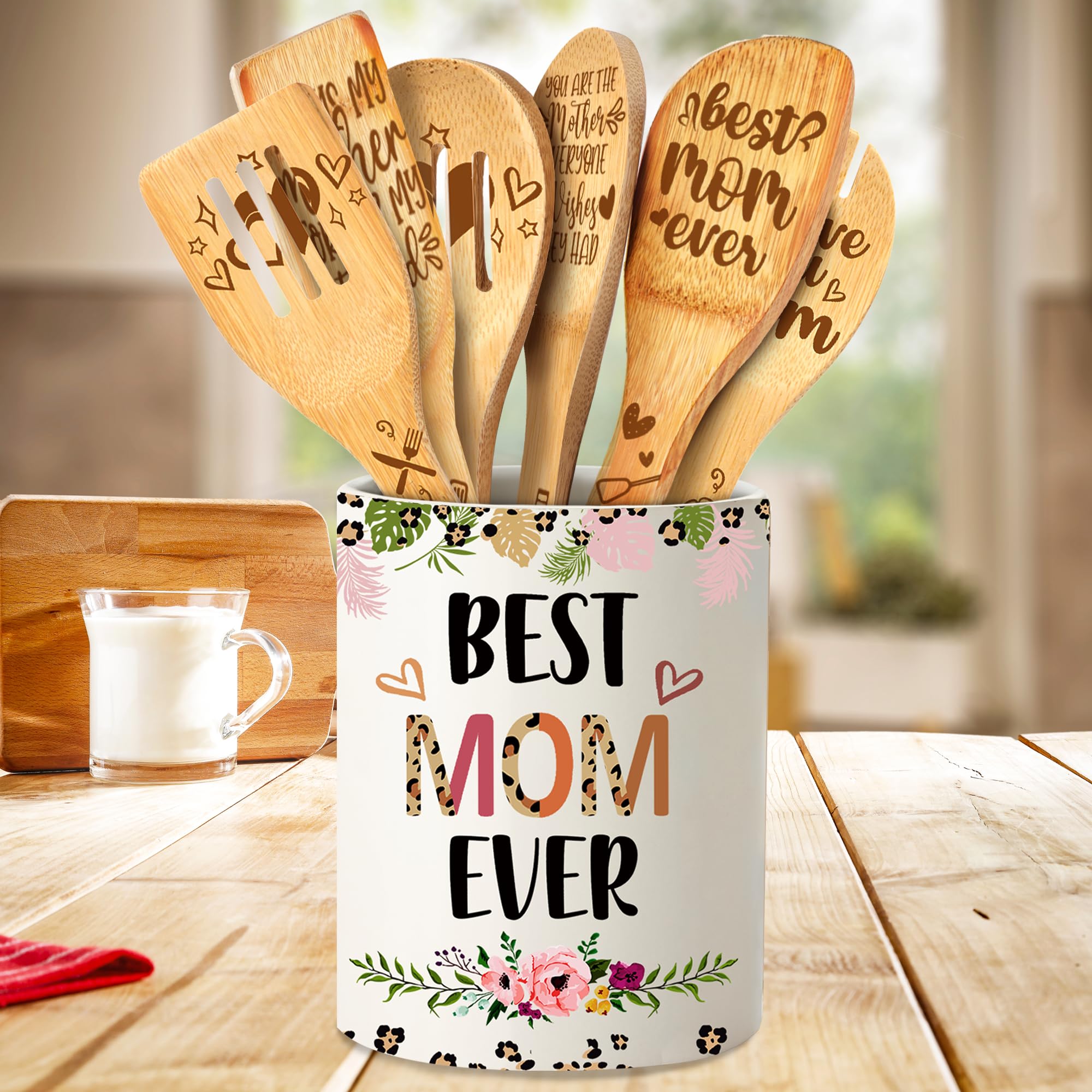 Gifts for Mom, Mothers Day Mom Gifts from Daughter Ceramic Utensil Holder with Wooden Spoons Set, Mom Gifts from Daughters Son, Cooking Tools Kitchen Utensils Set with Wooden Spatulas for 6