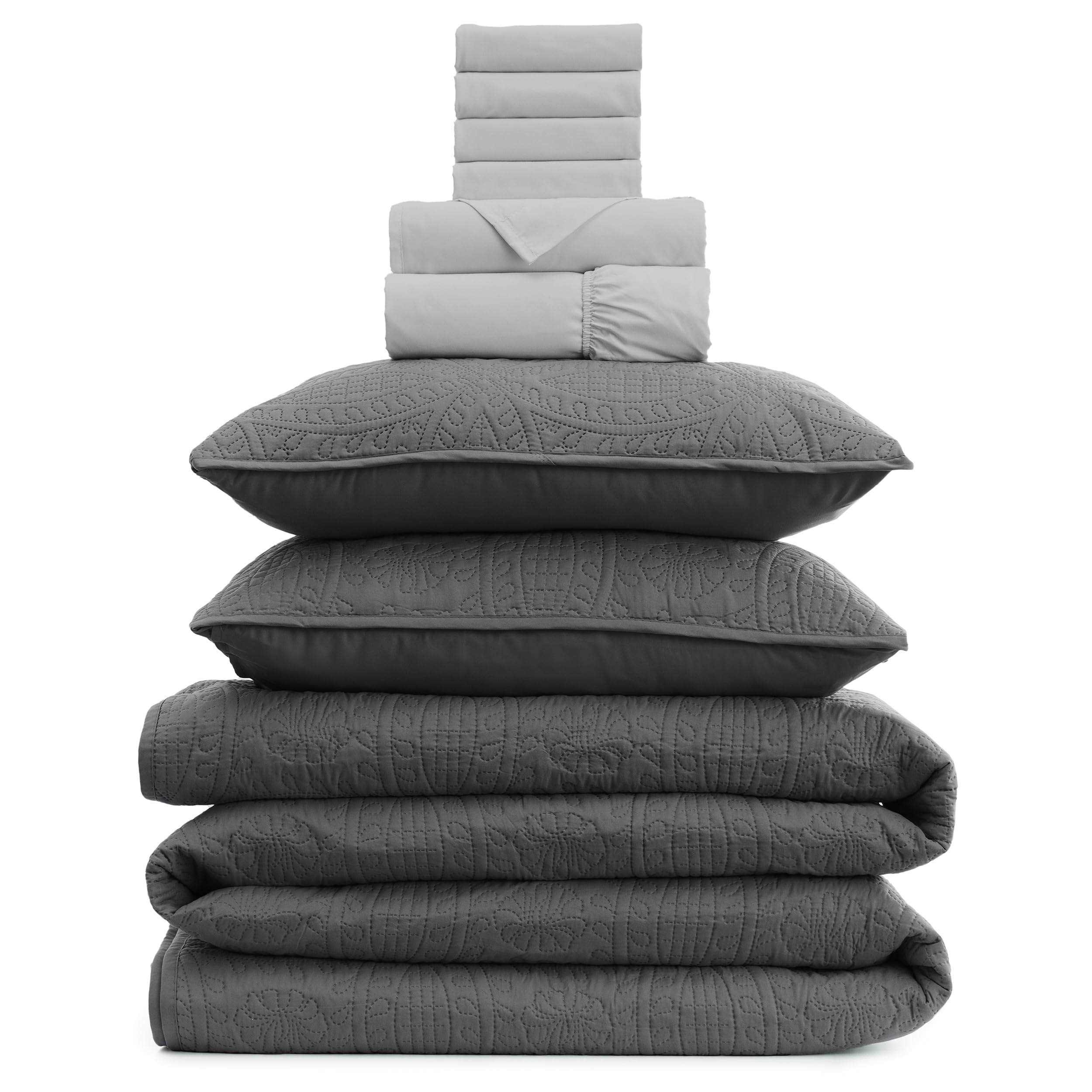 Mellanni Bedspread Coverlet Set + 6PC Sheets Set Bundle&Save - Iconic Collection Bedding - Bundle Includes: 3 Piece Oversized Quilt Set and 6 Piece Bed Sheet Set (King, Gray/Light Gray)