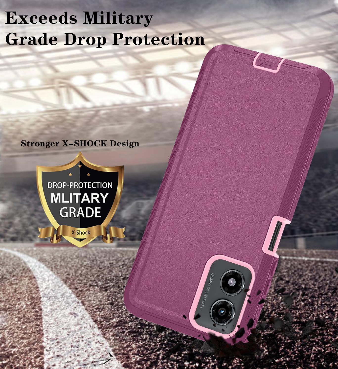 Qinmay Phone Case for Motorola Moto G Play 2024 4G Case with HD Screen Protector, Heavy Duty Shockproof & Dropproof 3-Layer Cover Phone Case for Moto G Play 2024 (WineRed Pink)