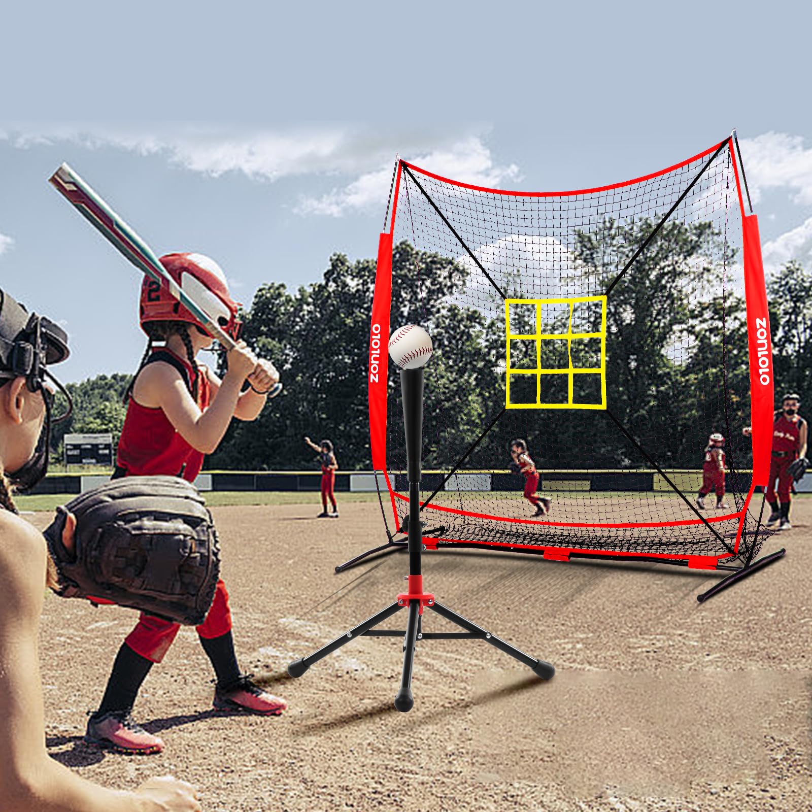 ZONLOLO 7×7FT Baseball Net with Tee,2 Strike Zones, Simple but Sturdy Construction with Non-Slip Rubber Bow Legs, Easy Set Up and Take Down, Great for All Levels' Pitching,Hitting,Fielding Practice.