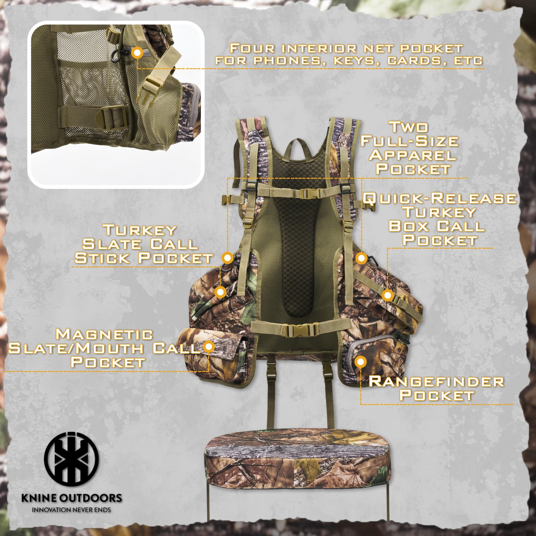 KNINE OUTDOORS Turkey Vest with Seat Cushion, Turkey Vest for Hunting, Turkey Hunting Vest with Game Pouch