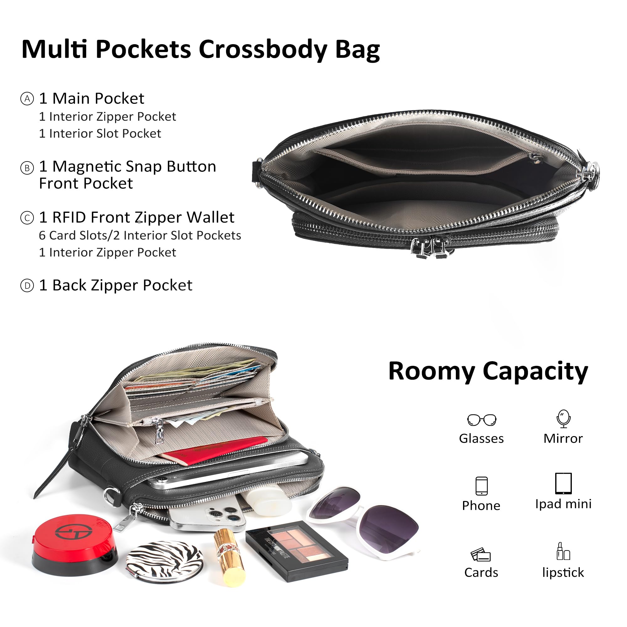 befen Black Genuine Leather Crossbody Purses for Women, Women's Small Crossbody Shoulder Bag Travel Purse with Built in RFID Wallet