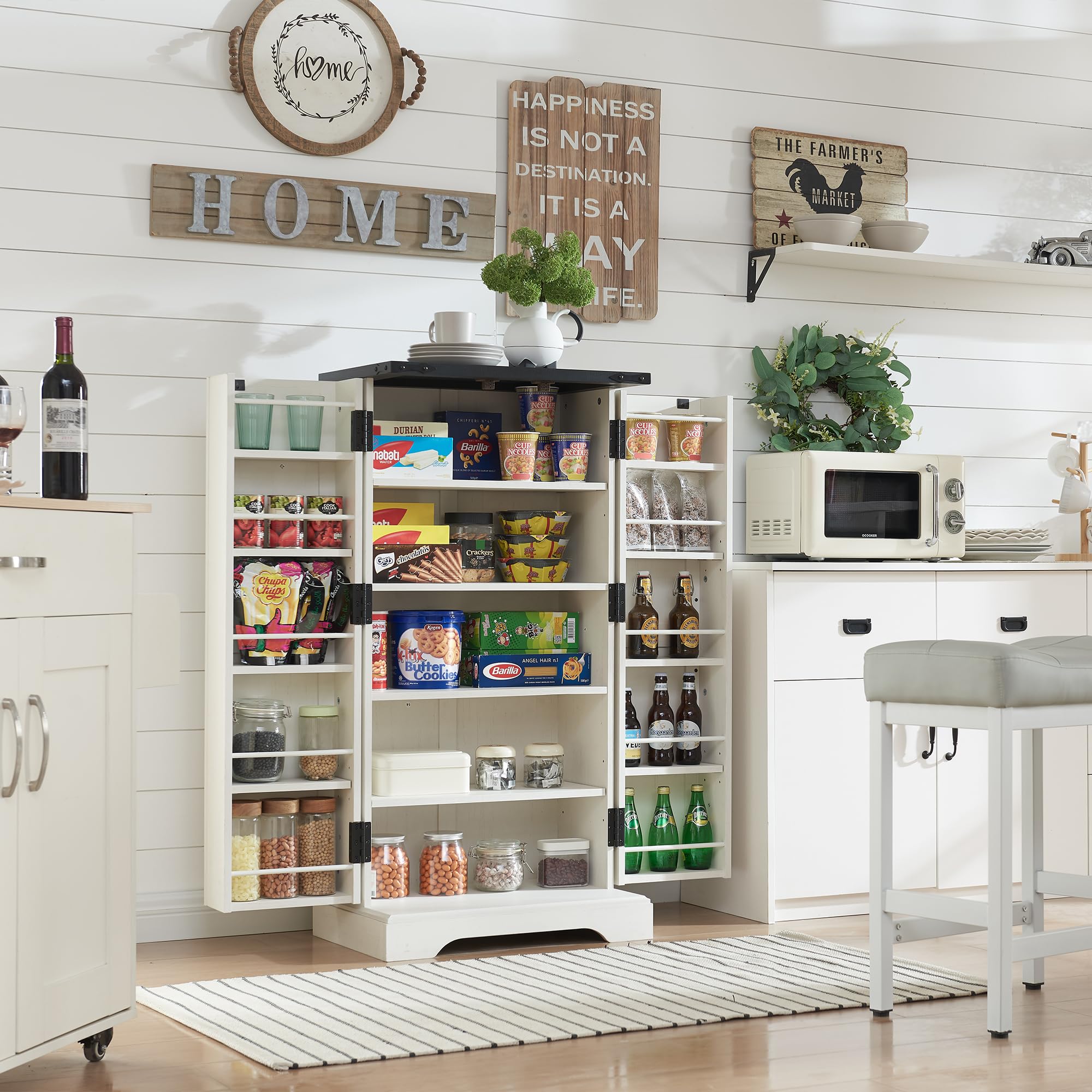 ACCOHOHO 47" Kitchen Pantry, Farmhouse Storage Cabinet with Barn Doors, Organizer and Adjustable Shelves, Rustic Wood Cupboard for Kitchen, Dining Room, Bathroom and Hallway, Off White