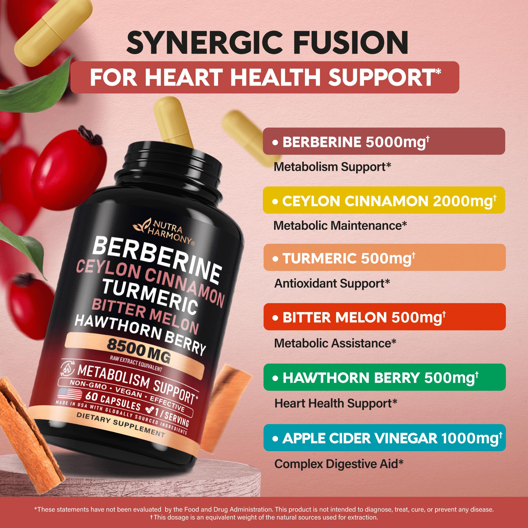 Berberine with Ceylon Cinnamon 8500 mg Apple Cider Vinegar | Hawthorn Berry | Citrus Bergamot | Bitter Melon | CoQ10 - 14-in-1 Supplement for Heart Support, Metabolism & Energy - Vegan, 60 Capsules