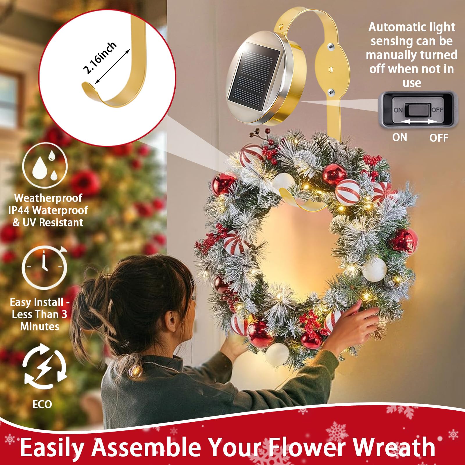 AMOEJOV Solar Valentine Wreath Hangers for Front Door with LED Lights, Compatible with Lighted Wreaths,Valentines Day Decorations. Large Suction Cup Metal Hook for Glass Window Outdoor Porch