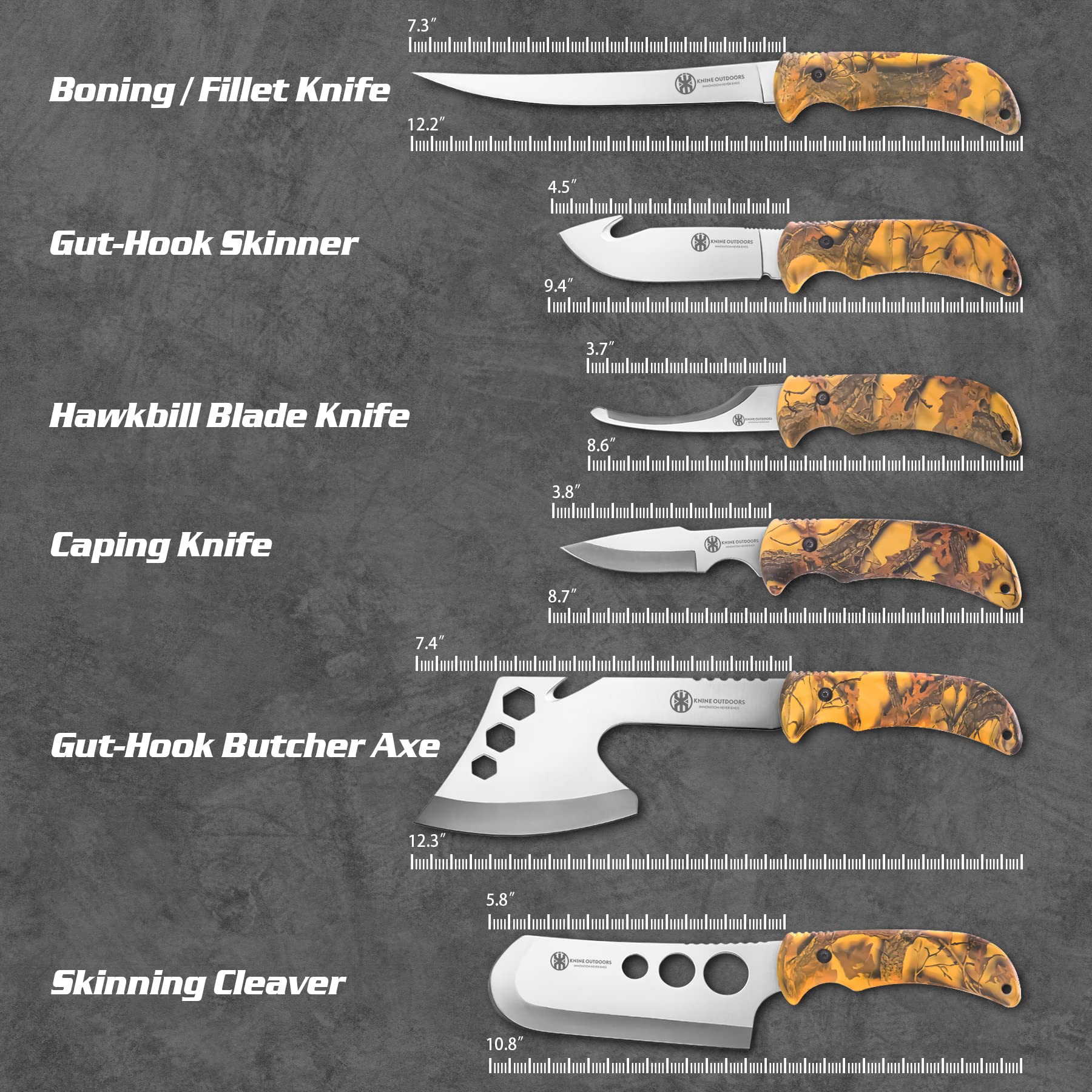 KNINE OUTDOORS Hunting Deer Knife Set Yellow Handle Field Dressing Kit Portable Butcher Game Processor Set, 12 Pieces