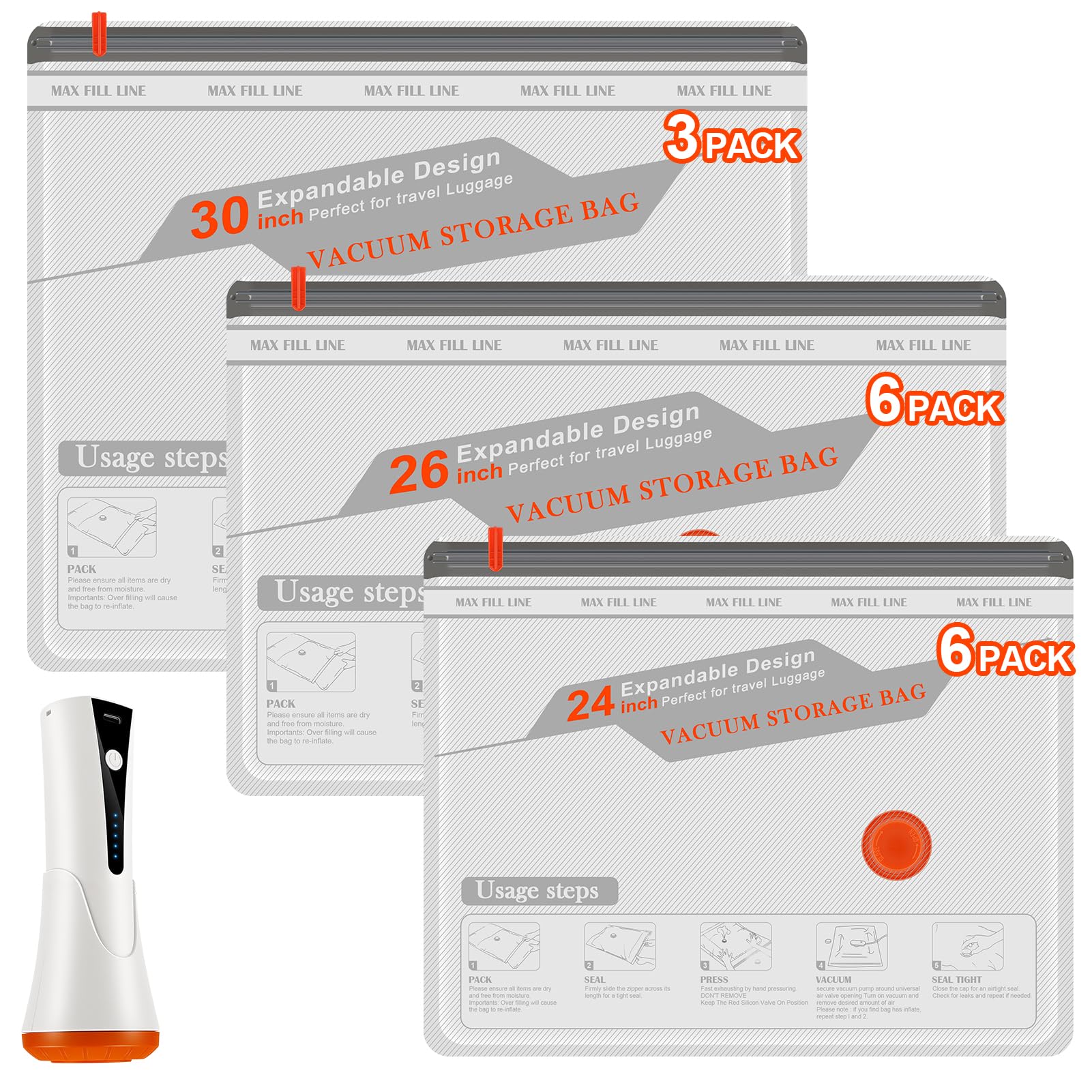 Travel Vacuum Bags with Rechargeable Pump Kit - 15 Pack Compression Bag for Travel & Home, Space Saver for Clothes, Blankets, Seasonal Storage