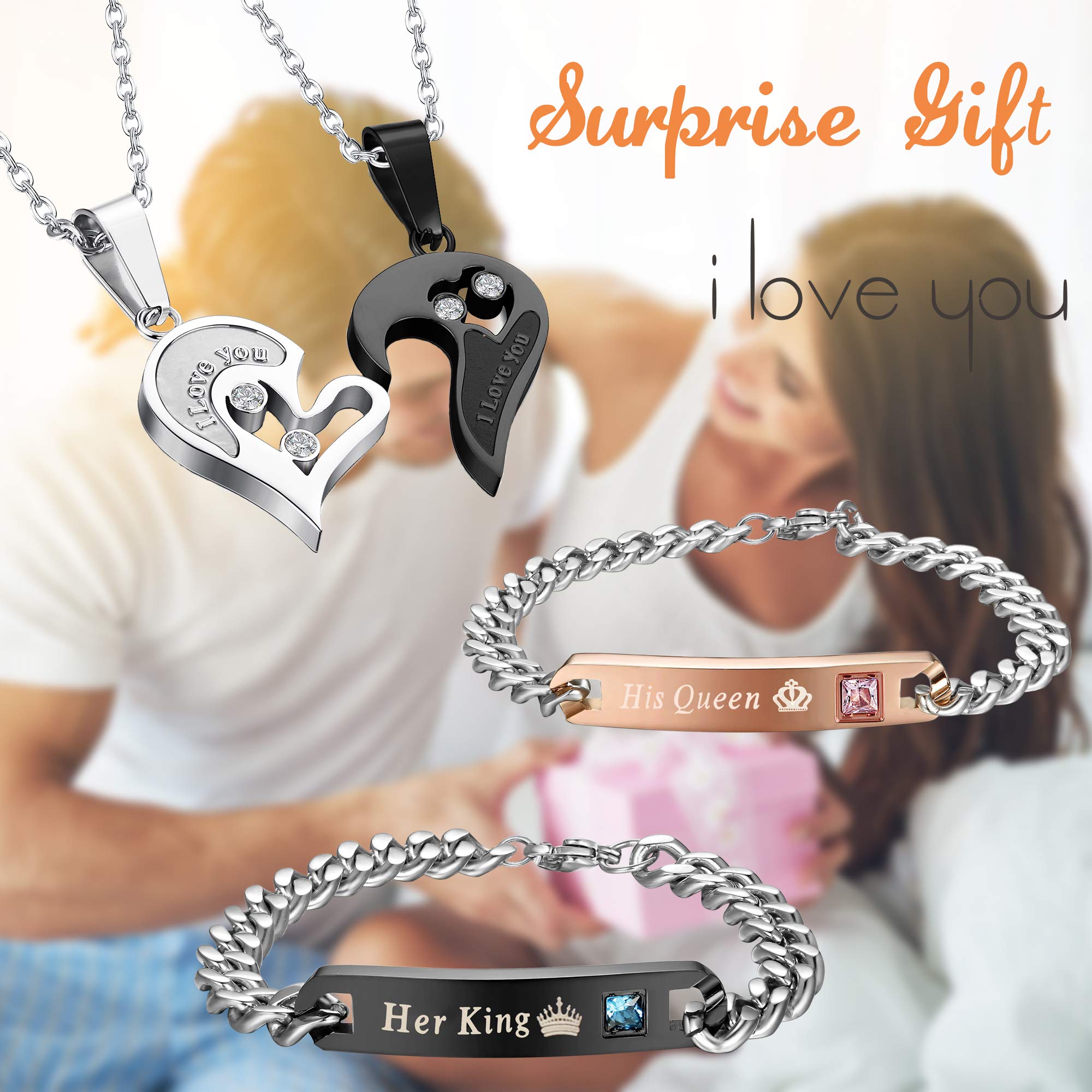 Jstyle 4Pcs Couple Necklace Bracelets Matching Set for Women Men Heart Pendant Necklace His and Hers Bracelets Couple Gift