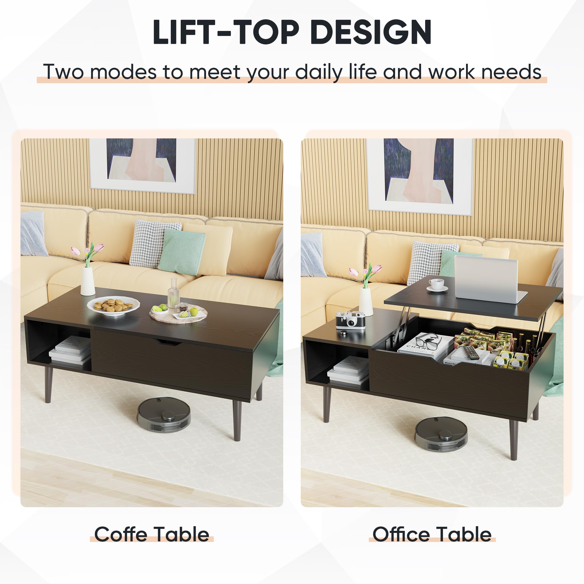 DUMOS Lift Top Coffee Tables for Living Room Apartment, Rising Tabletop Wooden Coffee Table Desk with Storage Shelf and Hidden Compartment, Black