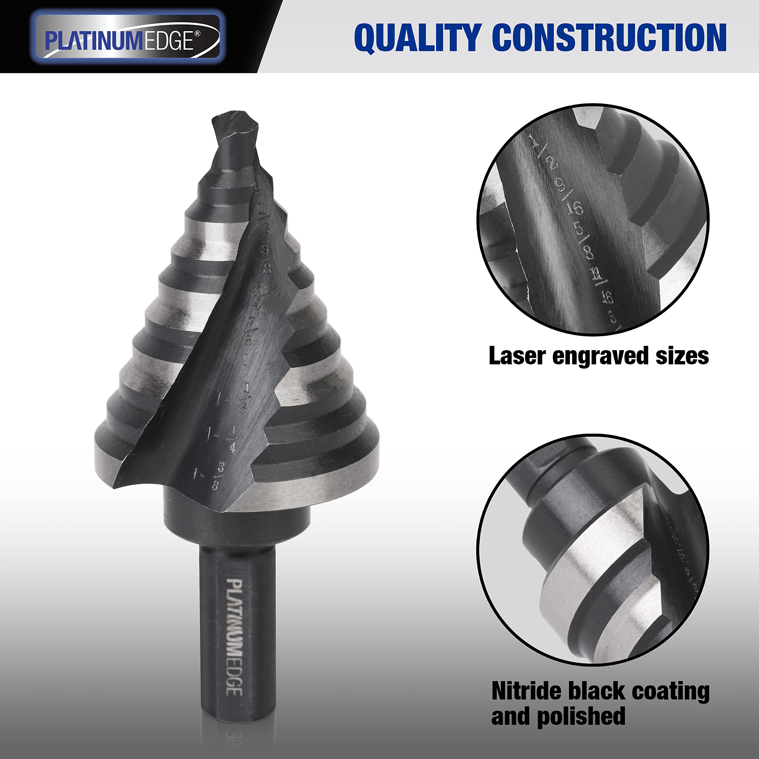 PLATINUMEDGE Step Drill Bits Set, 5 Pcs High Speed Steel Step Drill Bit for Sheet Metal, 50 Step Sizes Hole Drilling, Double Flute Cutting Blades, Nitride Black Coating and Polished, Storage Box