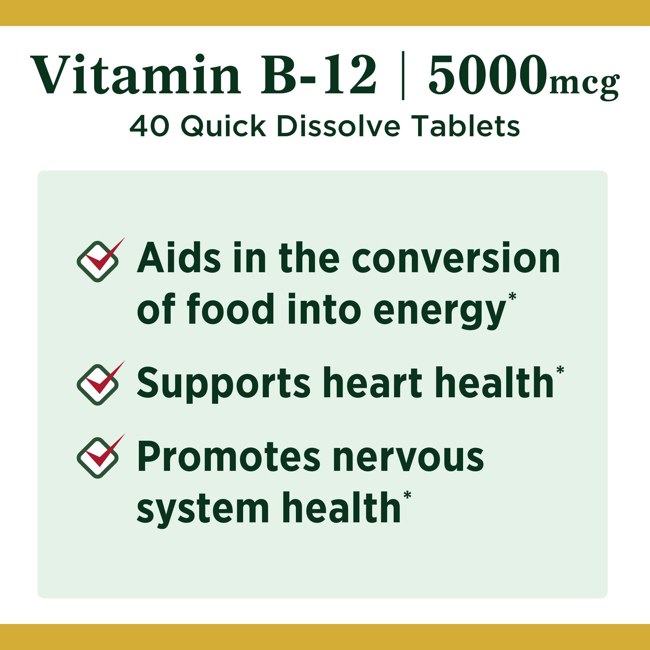 Nature's Bounty Vitamin B12, Quick Dissolve Vitamin Supplement, Supports Energy Metabolism and Nervous System Health, 5000mcg, 40 Tablets