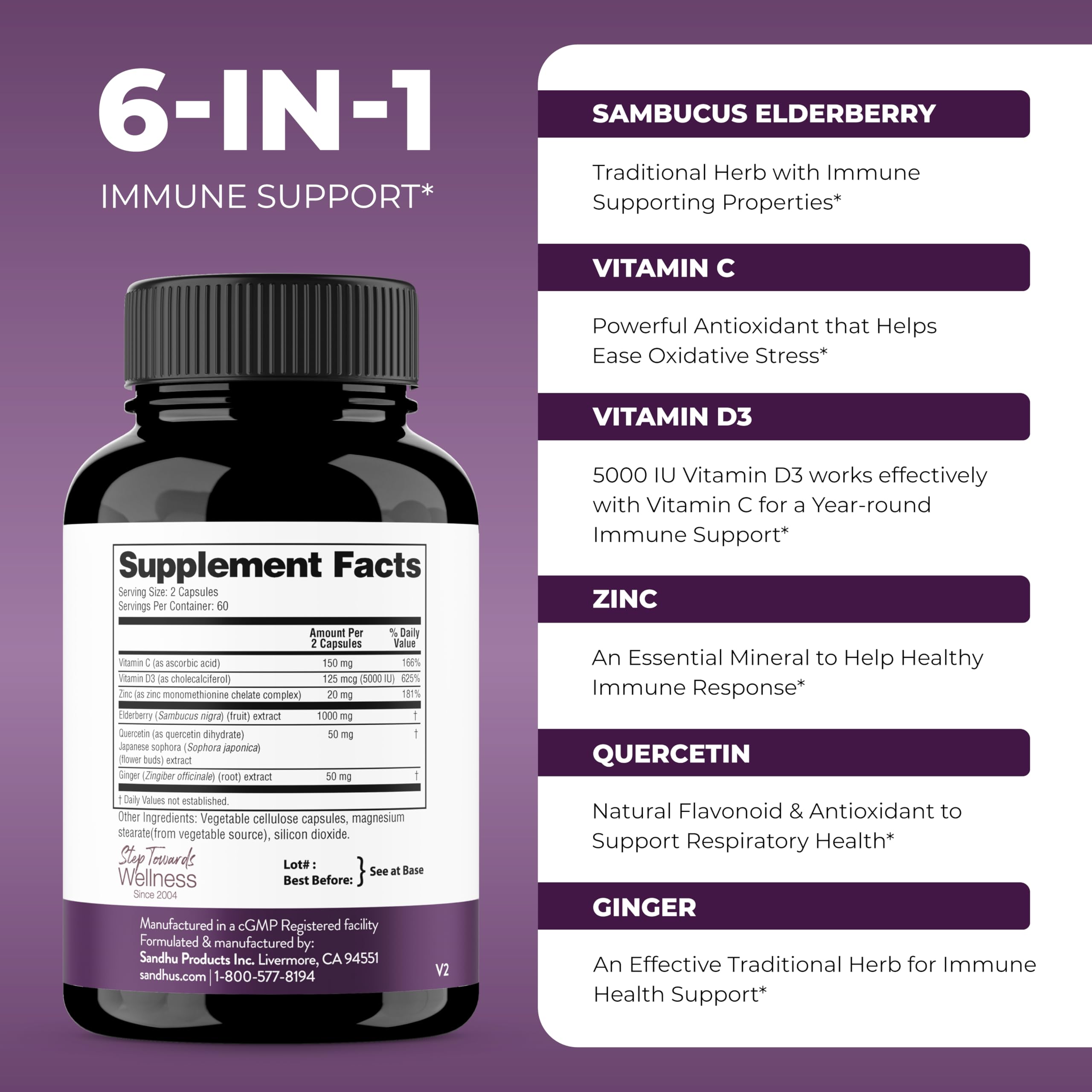 Elderberry Vitamin C and Zinc with Quercetin & Vitamin D3 | 6-in-1 Immunity Supplement | Sambucus Elder Berry Antioxidants Capsules for Adults | Supports Immune Health | 120 Count (Pack of 1)