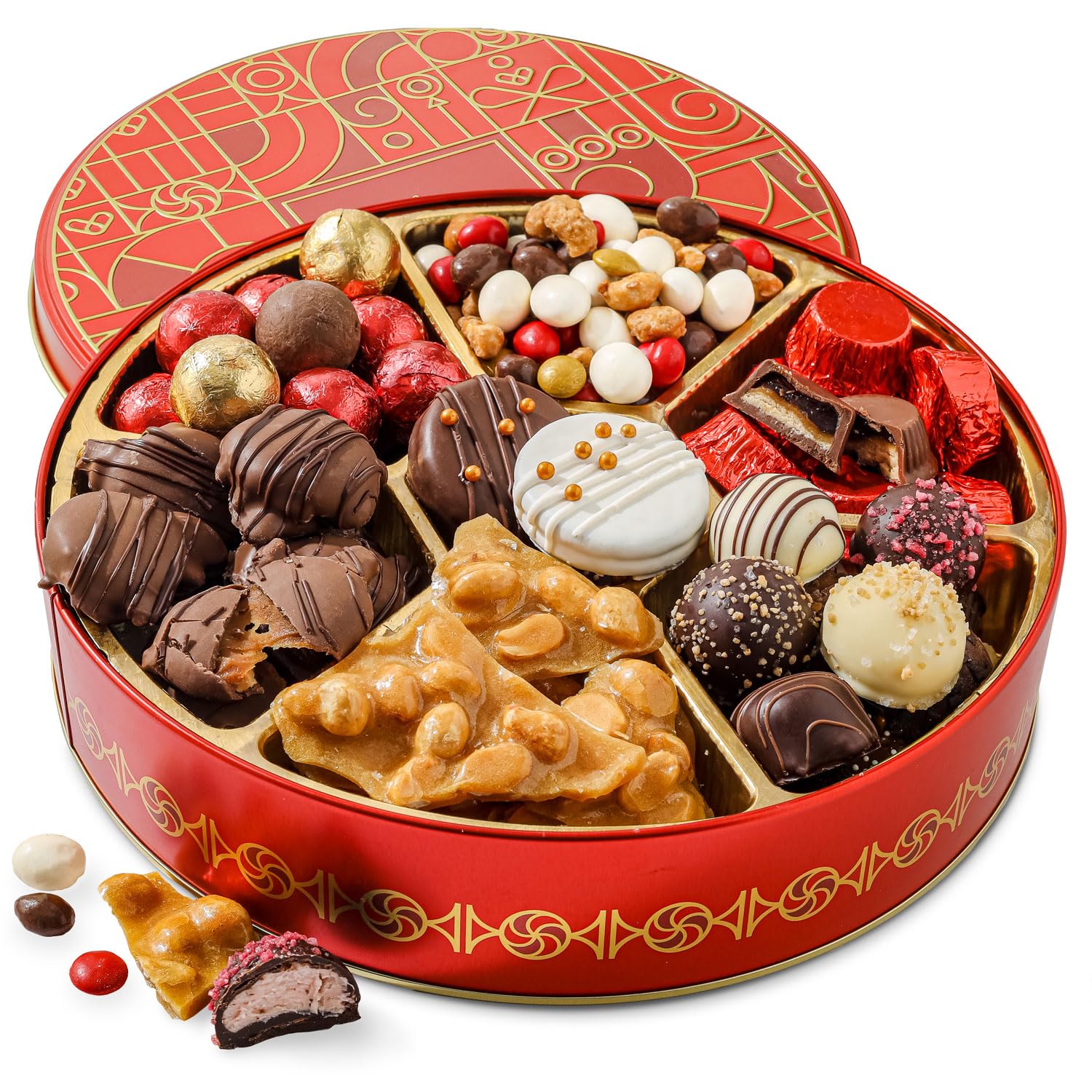 Holiday Snack Gift Tin, Round, Modern Pattern, Assorted Treats: Belgian Truffles, Chocolate Covered Oreos, Peanut Brittle and Candy Nuts