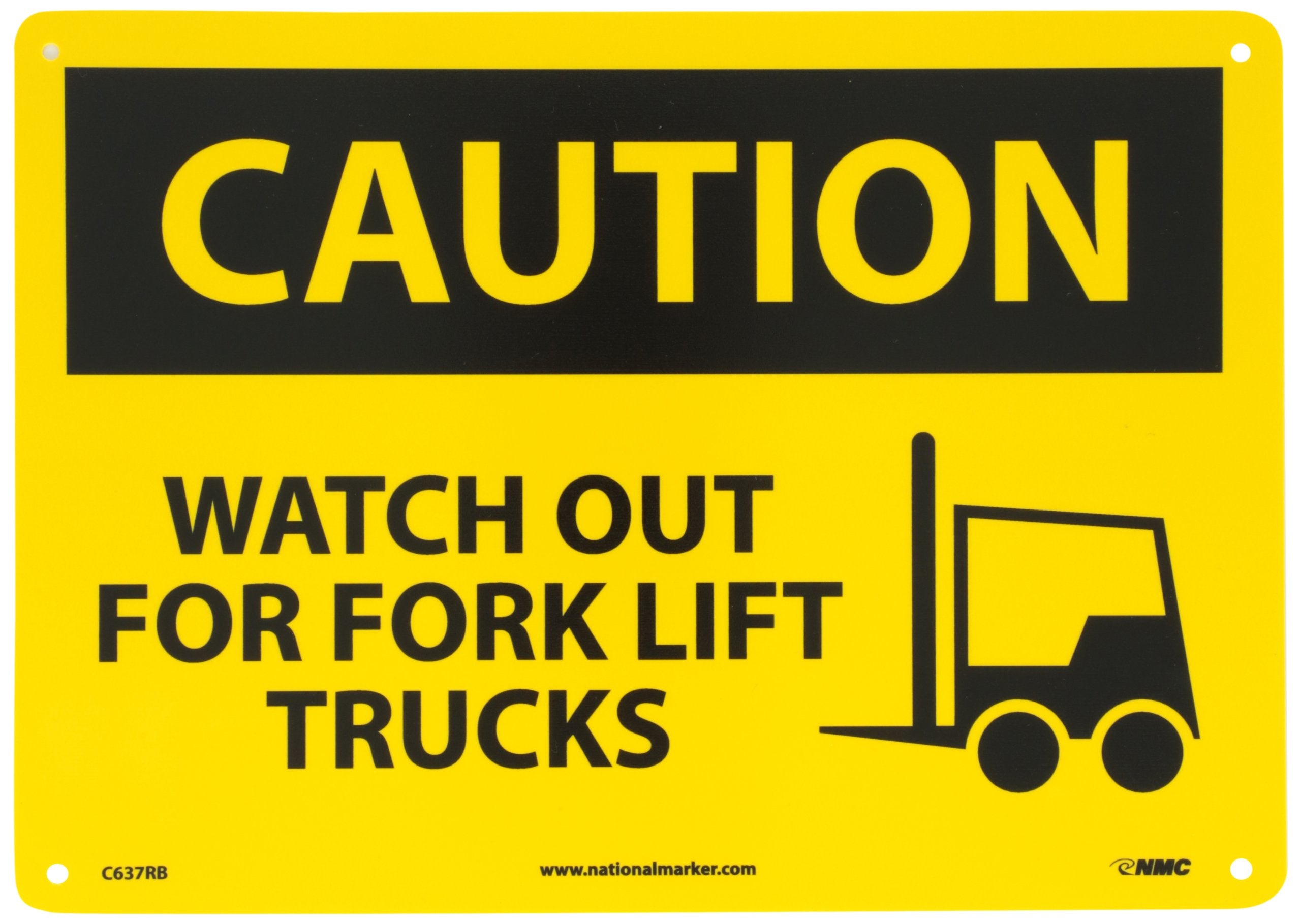 NMC C637RB OSHA Sign, Legend "CAUTION - WATCH OUT FOR FORK LIFT TRUCKS" with Graphic, 14" Length x 10" Height, Rigid Plastic, Black on Yellow