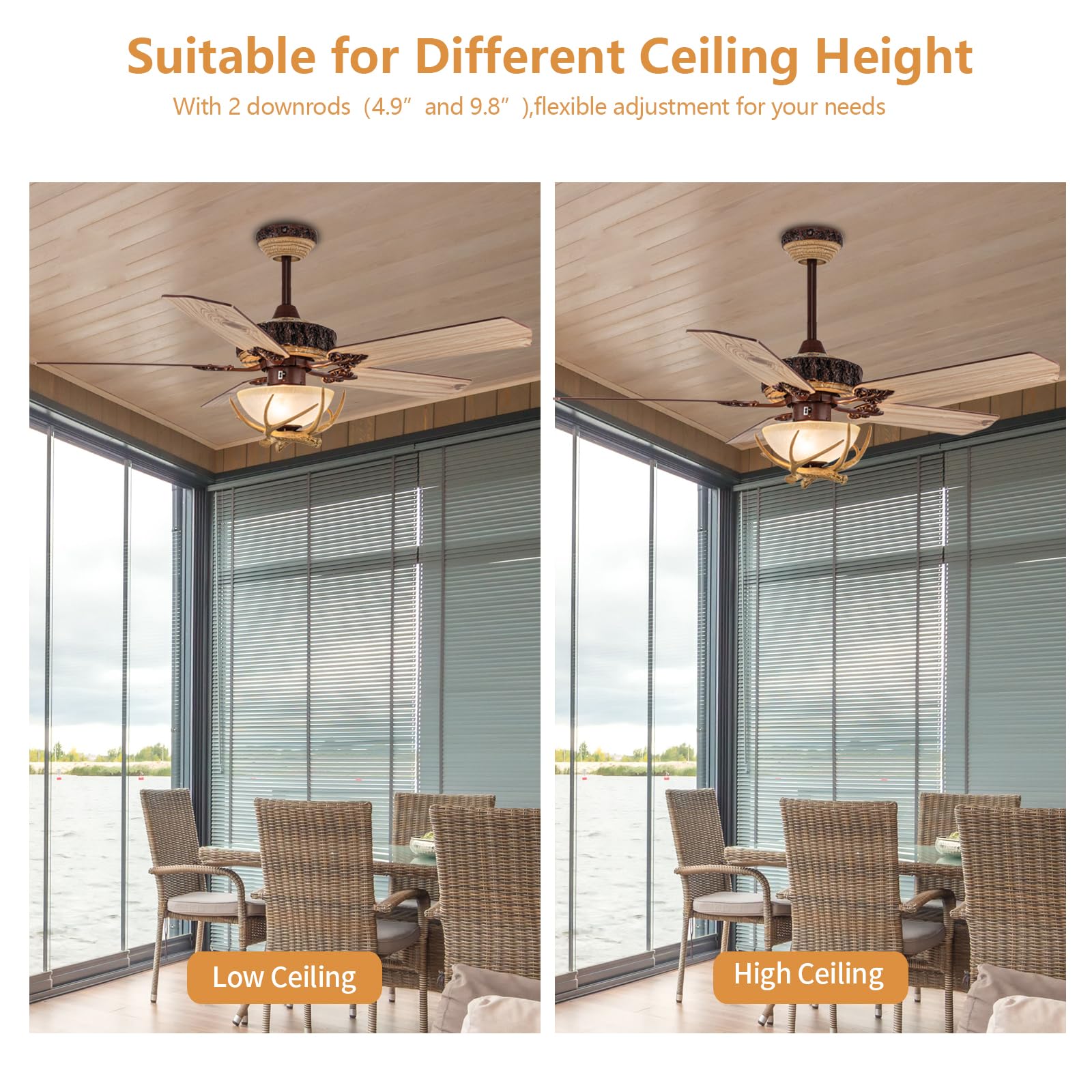 Tropwellhouse Indoor Rustic Ceiling Fan with Light and 5 Wood Blades, Modern Antler Ceiling Fan Homer Decoration for Bedroom Living Room Farmhouse Chandelider Fan with Remote of 52Inch (Bronze)
