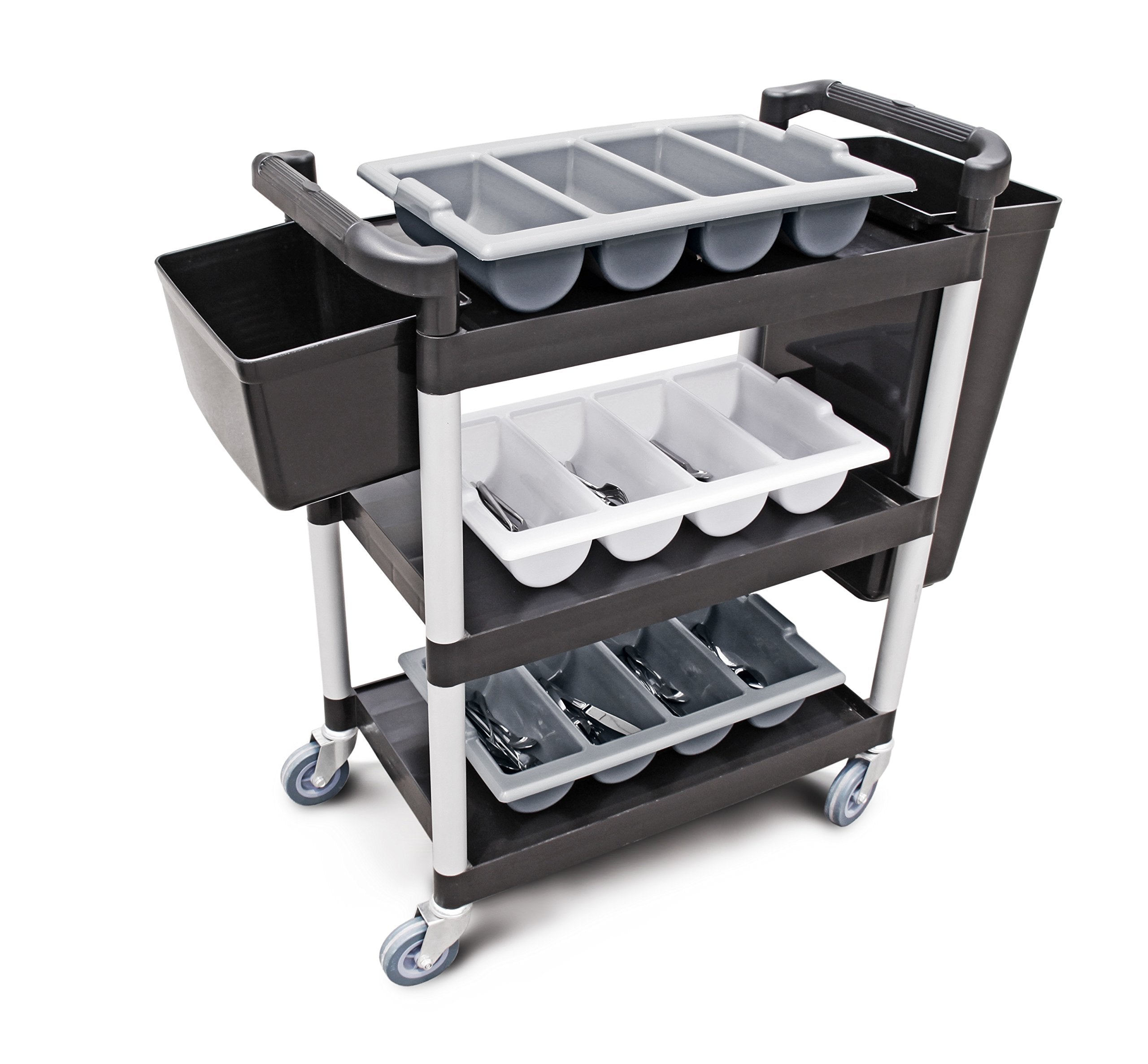 New Star Foodservice 54552 350-Pound Plastic 3-Tier Utility Bus Cart with Locking Casters, 42.5" x 19.5" x 38.5", Black