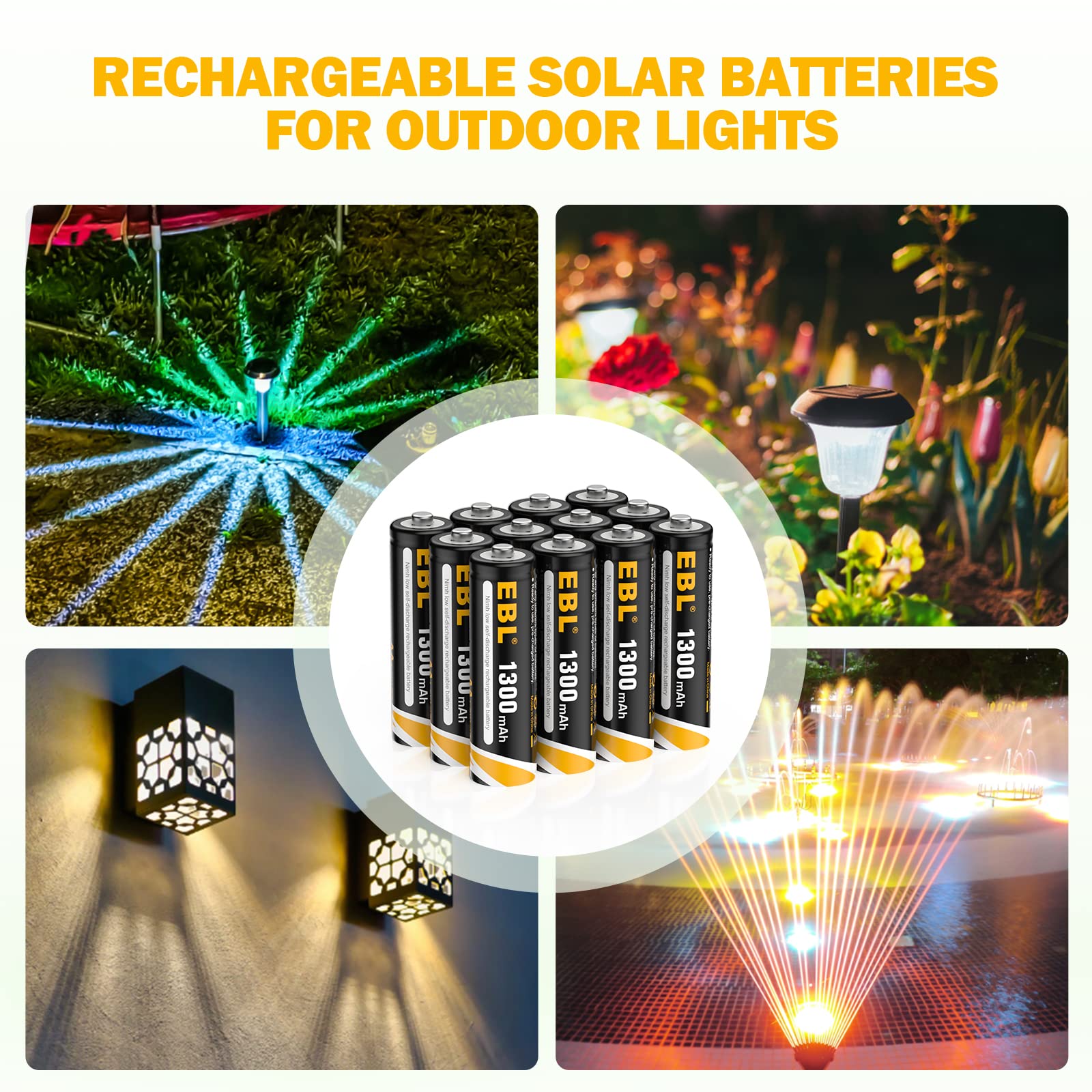 EBL AA Rechargeable Batteries for Solar Lights, NIMH Pre-Charged Double A Battery 1.2V 1300mAh Long Lasting Performance for Outdoor Garden Landscaping String Lights, Pack of 12