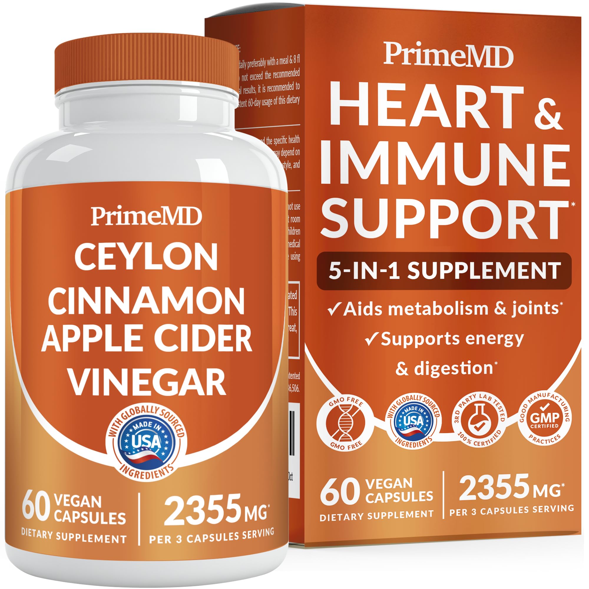 5-in-1 Ceylon Cinnamon Capsules 2355mg - Ceylon Cinnamon and Apple Cider Vinegar with Turmeric, Panax Ginseng, Cinnamon, and Bioperine, 60ct