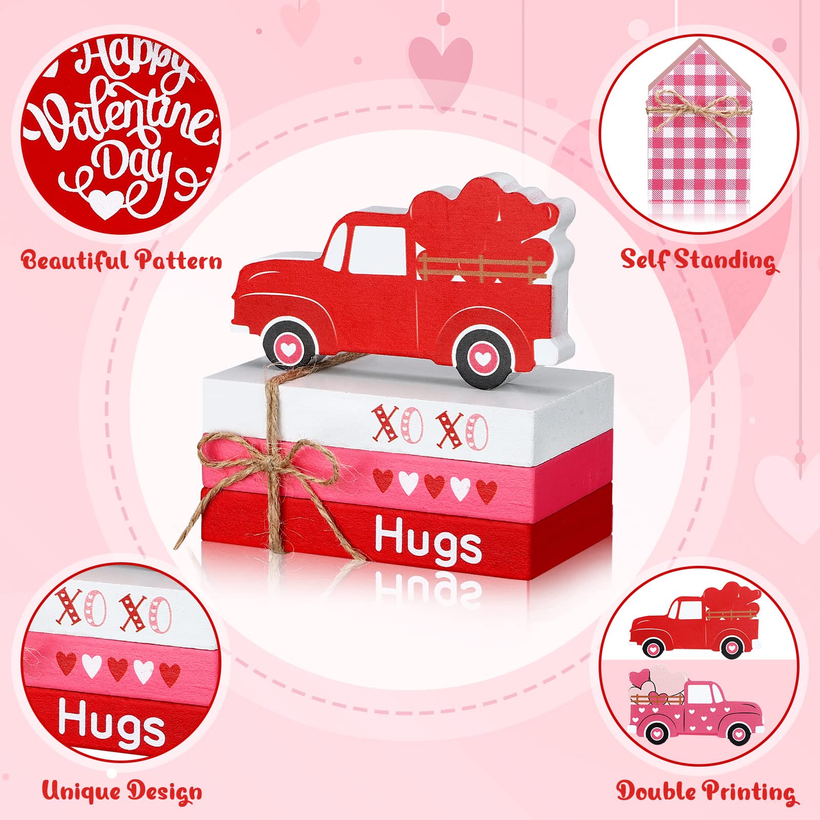 5 Pieces Valentine's Day Tiered Tray Decorations 3 Faux Books Bundle with Twine Red Truck and Valentine House Sign Valentine Truck Sign Valentine's Day Table Decor for Bookshelf Table (Heart)