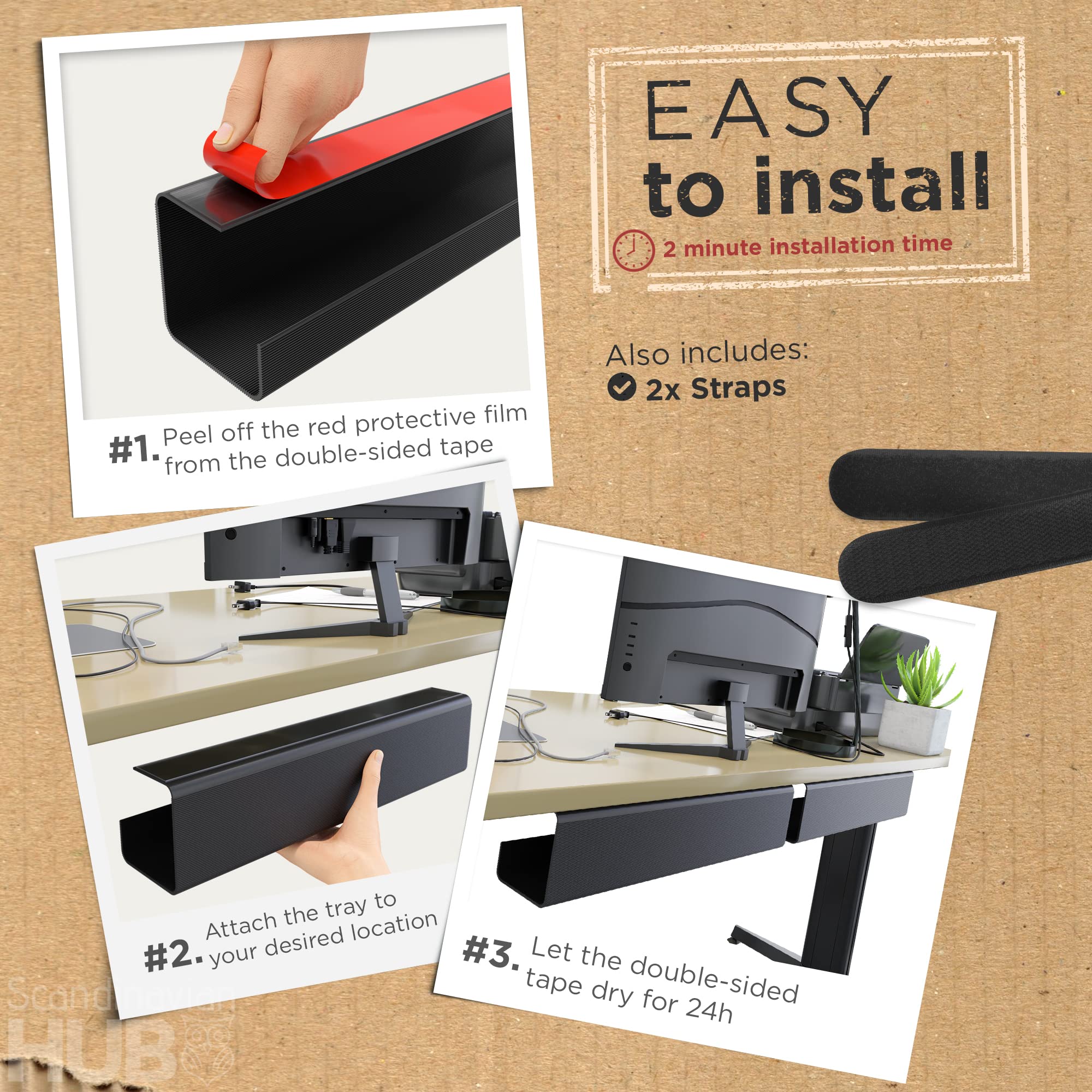 No-Screw Under Desk Cable Management Tray - Self-Adhesive Installation, Cable Management, Cable Management Under Desk, Desk Wire Management, Cable Tray, Under Desk Cable Organizer - Black Set of 2