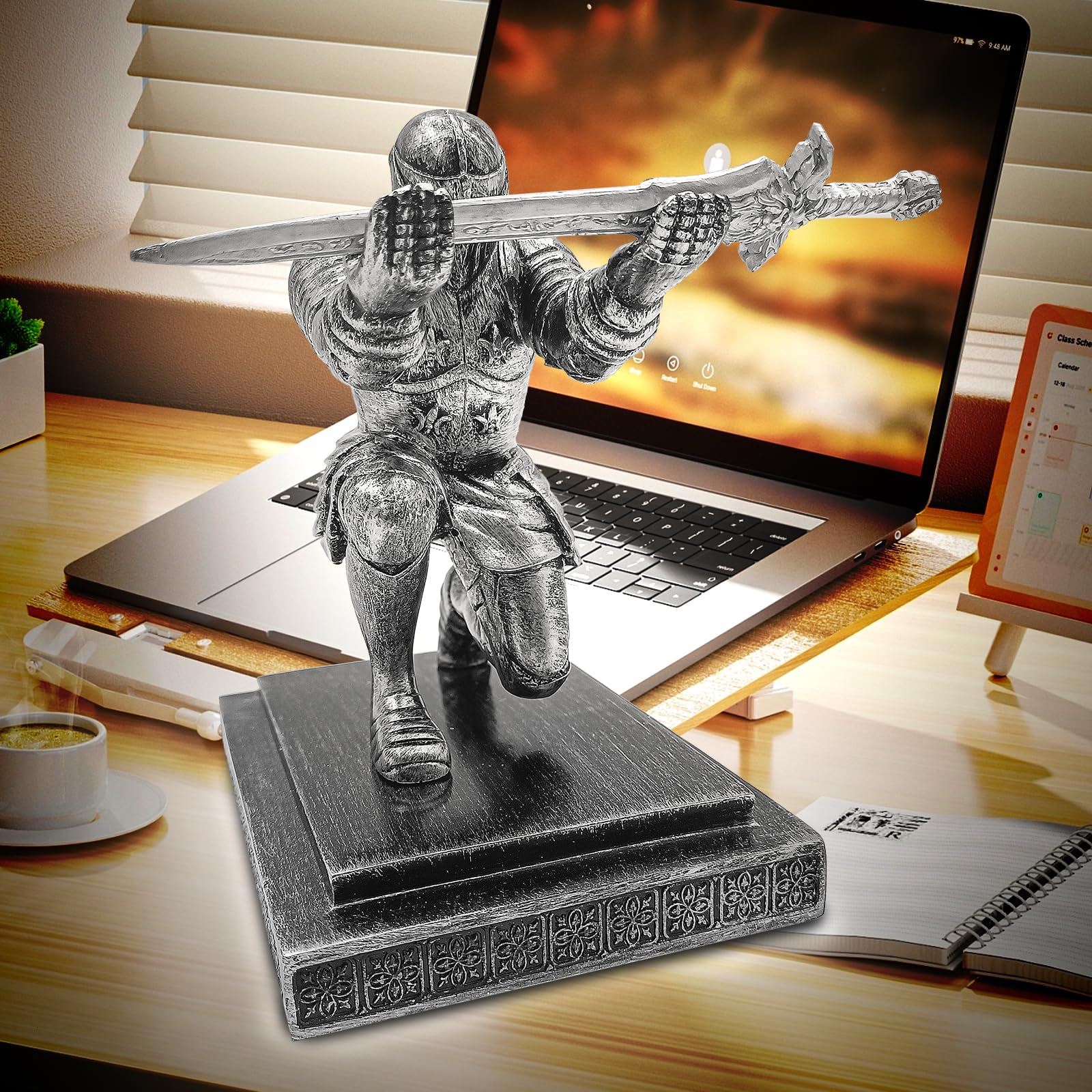 Hoypeyfiy Knight Pen Holder,Knights Pen Stand with Magnet Sword,Executive Pen Stand,Resin Soldier Pen Holder for Office,Home,Desk Decor,Holiday Present (Silver)