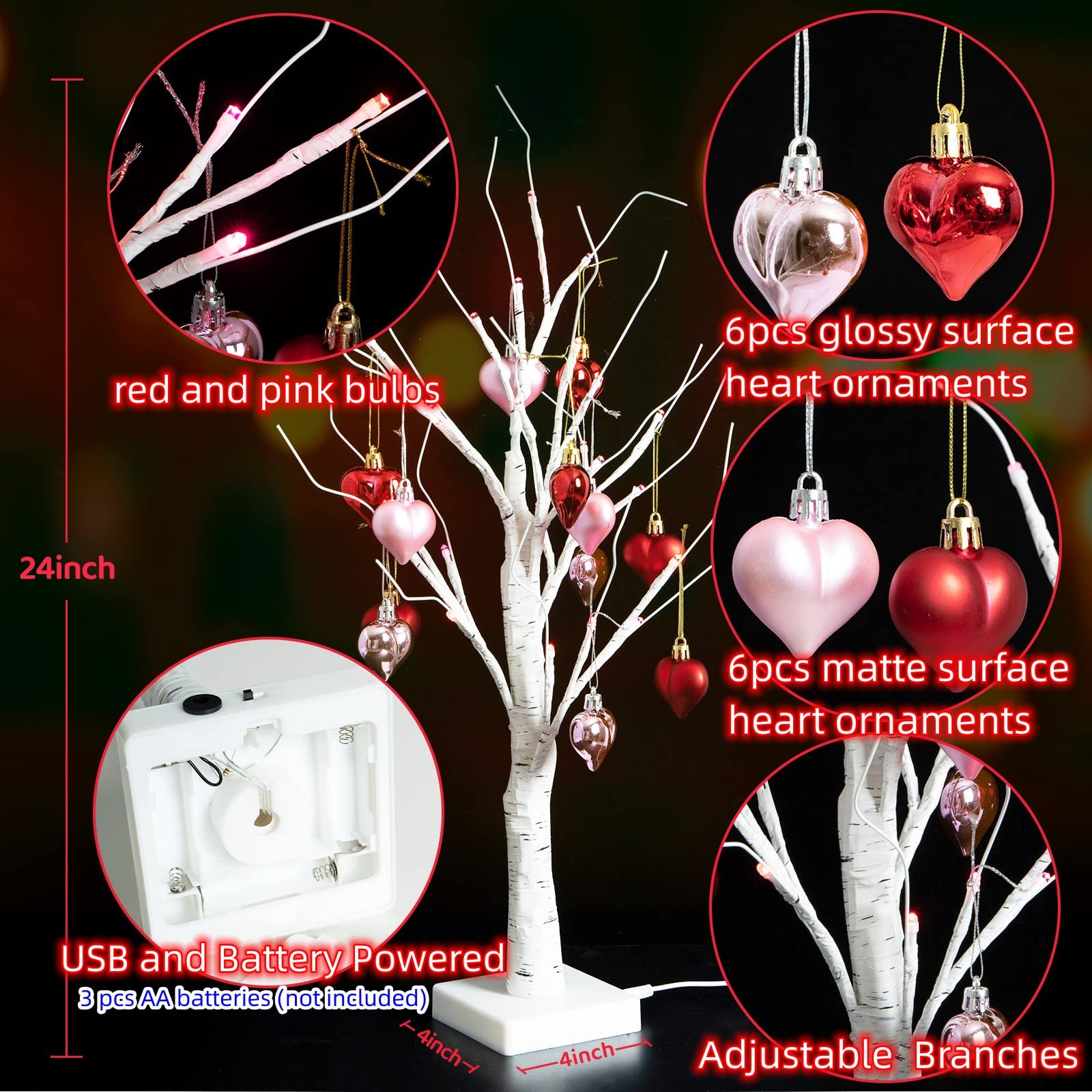 Efunly 2Pack Valentines Day Decor Lighted Birch Tree with Heart-Shaped Ornaments,USB&Battery Operated Light Up Artificial Tree for Home Indoor Bedroom Wedding Party Valentines Day Decoration