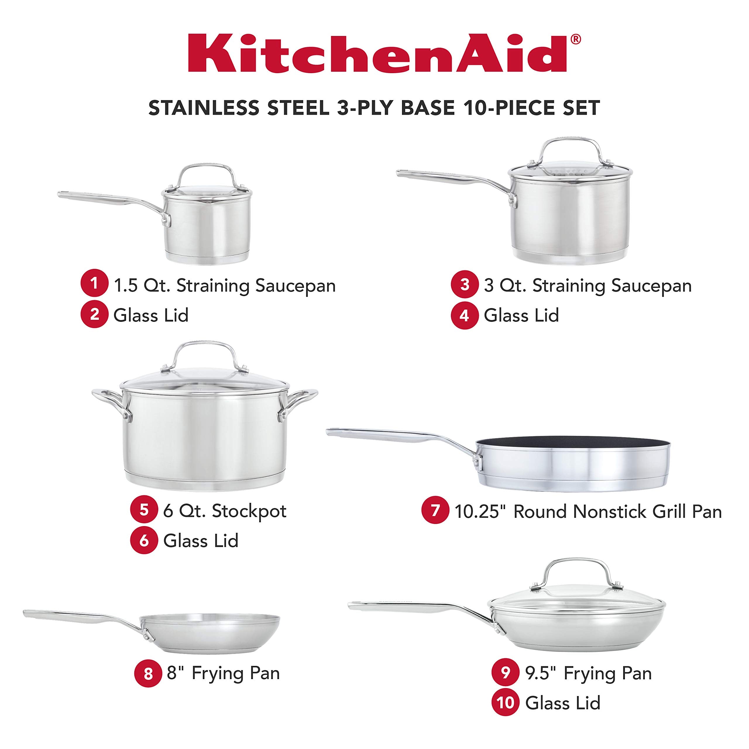 KitchenAid 3-Ply Base Stainless Steel Cookware Pots and Pans Set, 10 Piece, Brushed Stainless