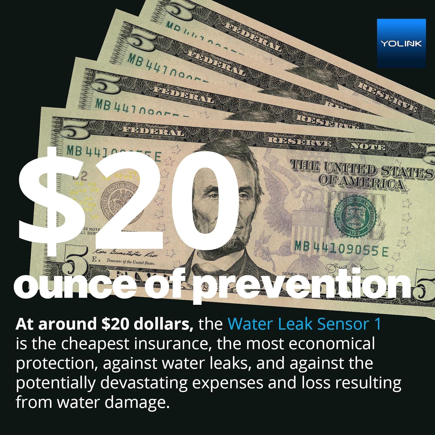 YoLink Smart Home Starter Kit: Hub & Water Leak Sensor 4 with 105dB Audio Alarm 4-Pack, SMS/Text, Email & Push Notifications, Freeze Warning, LoRa Up to 1/4 Mile Open-Air Range, w/Alexa, IFTTT
