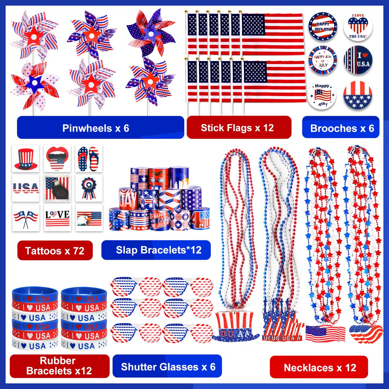 4th of July Accessories, 138Pcs Patriotic Party Favors Supplies Set Fourth of July Decorations Independence Day Celebrations Memorial Day Decor Classroom Prizes for kids