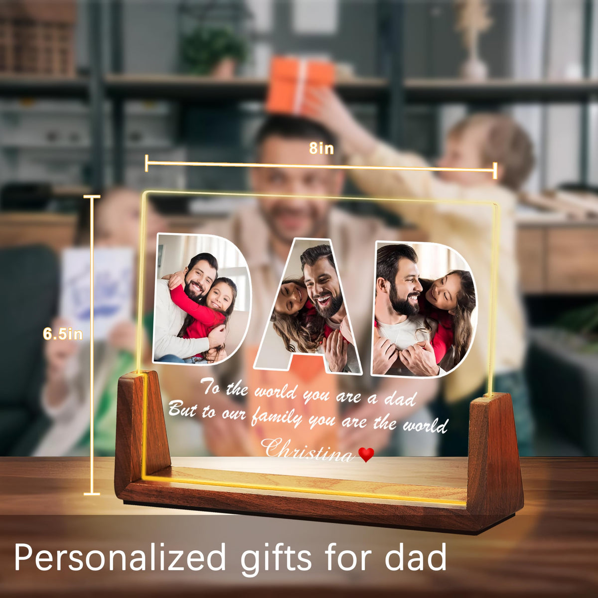 Idiyfun Fathers Day Personalized Gifts for Dad from Daughter Son Kids, Customized Acrylic Plaque LED Walnut Frame with Photos Night Light, Christmas Birthday Gifts for Dad Father PAPA Husband