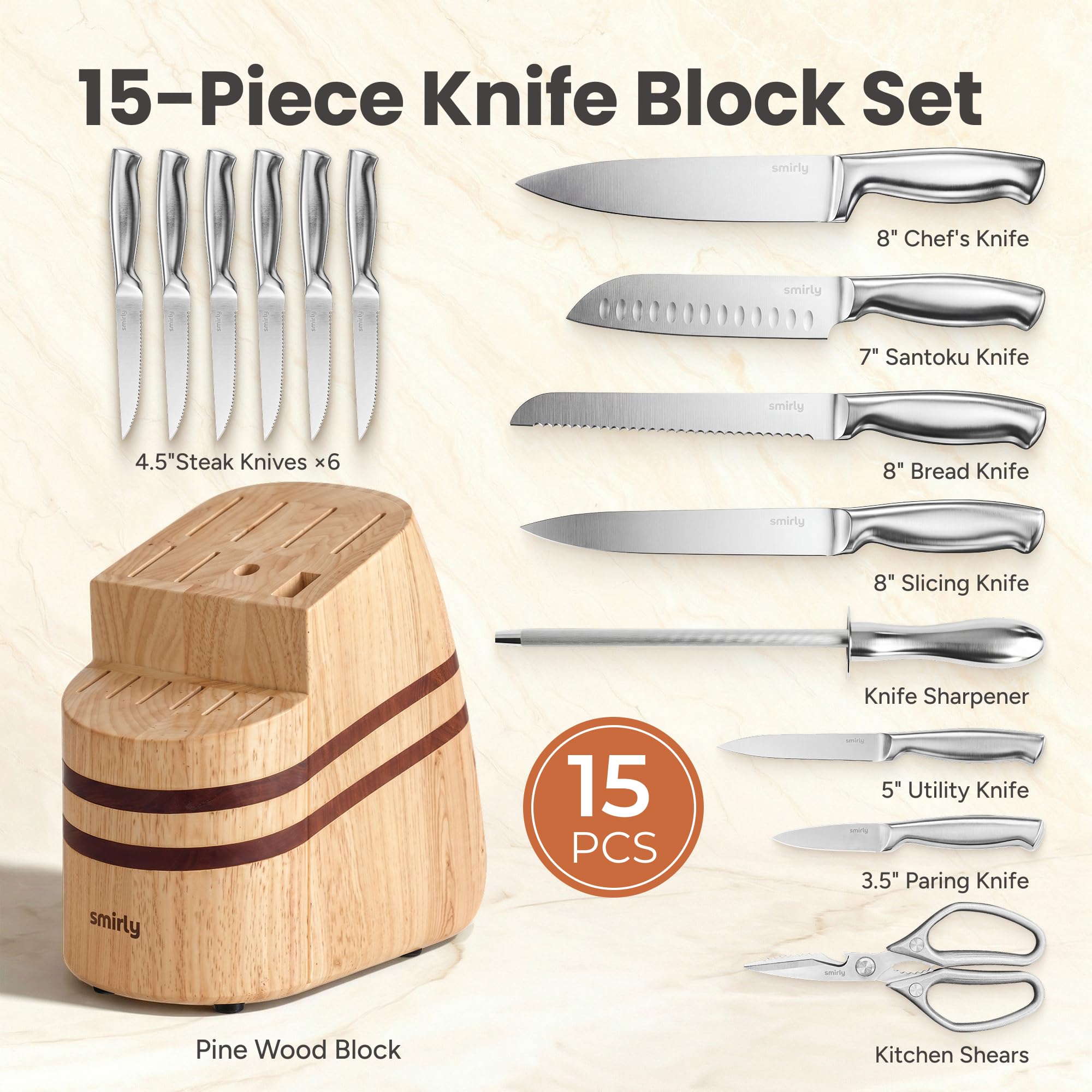 SMIRLY Knife Set - 15 Pieces Knives Set for Kitchen with Block and Sharpener - Stainless Steel Knife Set with Anti-Slip Ergonomic Handle for Steak Bread, Dishwasher Safe, House Warming Kitchen Gifts