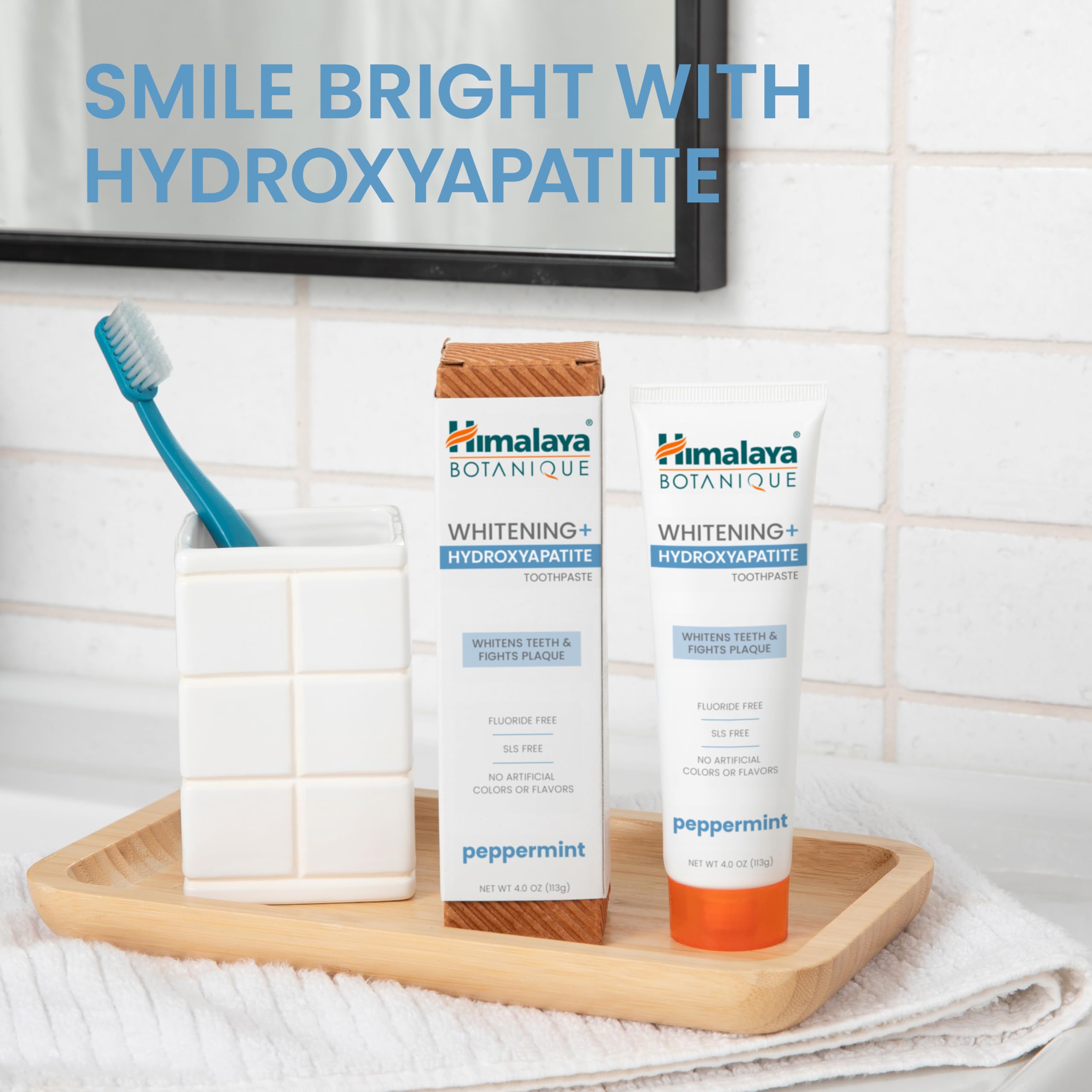 Himalaya Botanique Peppermint Whitening+ Hydroxyapatite (nHA) Toothpaste, Whiter Teeth & Fresher Breath with Hydroxyapatite Support & Peppermint Flavor, Fluoride Free, SLS Free, & Vegan, 4.0 oz (113g)