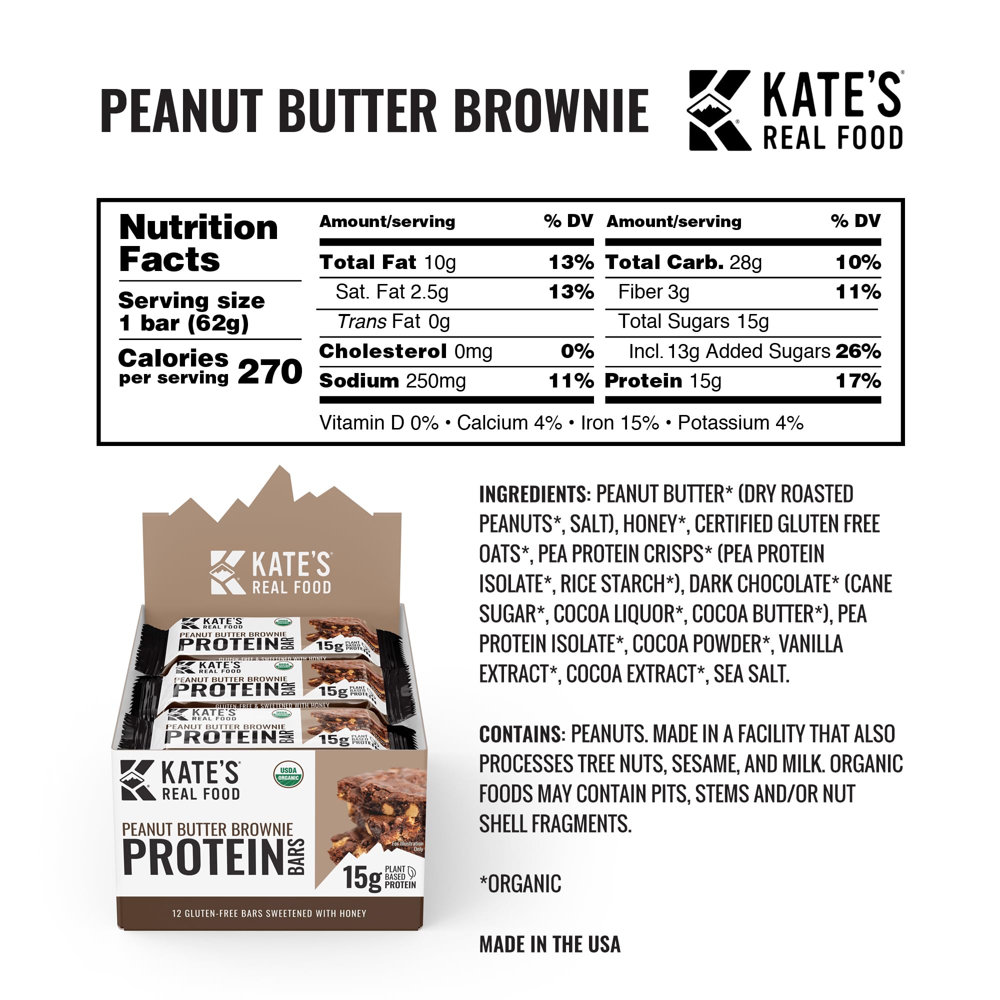 Kate’s Real Food Organic Protein Bars – (Peanut Butter Brownie, 2.2 oz, Pack of 12) – Plant Based Protein Bars - Gluten Free, Soy Free, Non GMO, Whole Grains, and All Natural