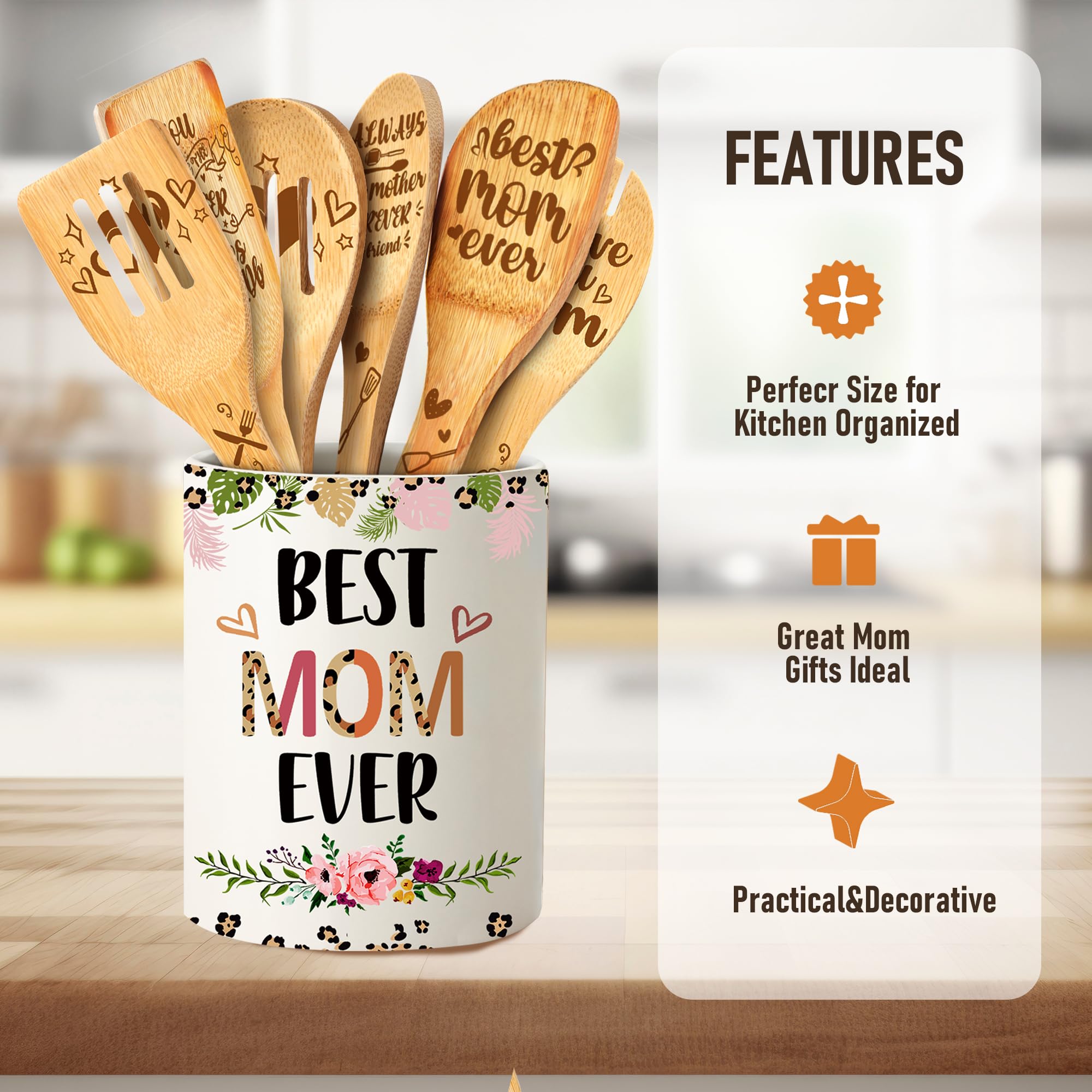 Gifts for Mom, Mothers Day Mom Gifts from Daughter Ceramic Utensil Holder with Wooden Spoons Set, Mom Gifts from Daughters Son, Cooking Tools Kitchen Utensils Set with Wooden Spatulas for 6