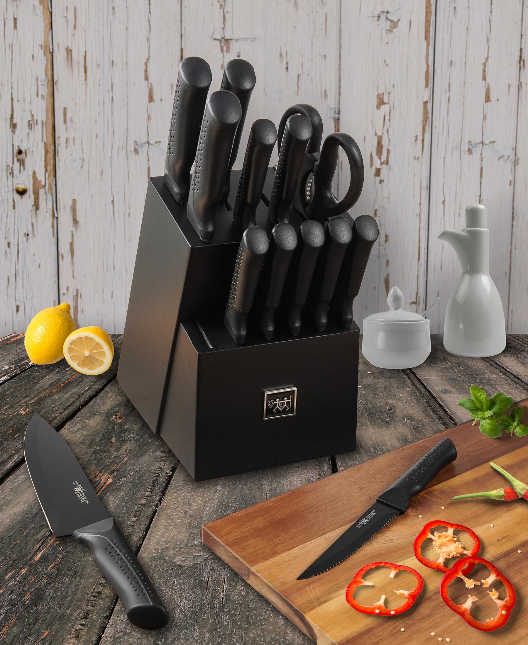 Hundop knife set, 15 Pcs Black knife sets for kitchen with block Self Sharpening, Dishwasher Safe, 6 Steak Knives, Anti-slip handle