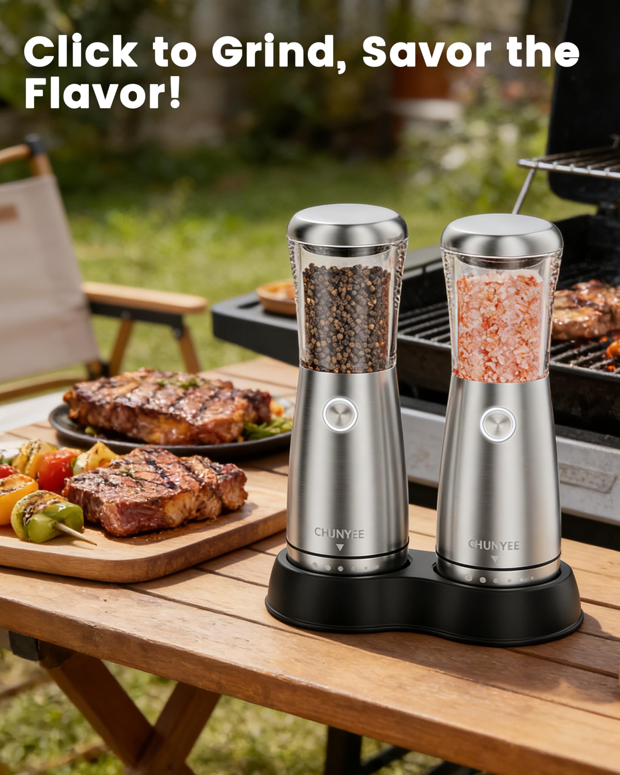 Electric Salt and Pepper Grinder Set - Automatic Stainless Steel Rechargeable Salt and Pepper Grinder Set with Storage Base, Large Capacity, LED Light & Adjustable Coarseness, Ideal Kitchen Gadget