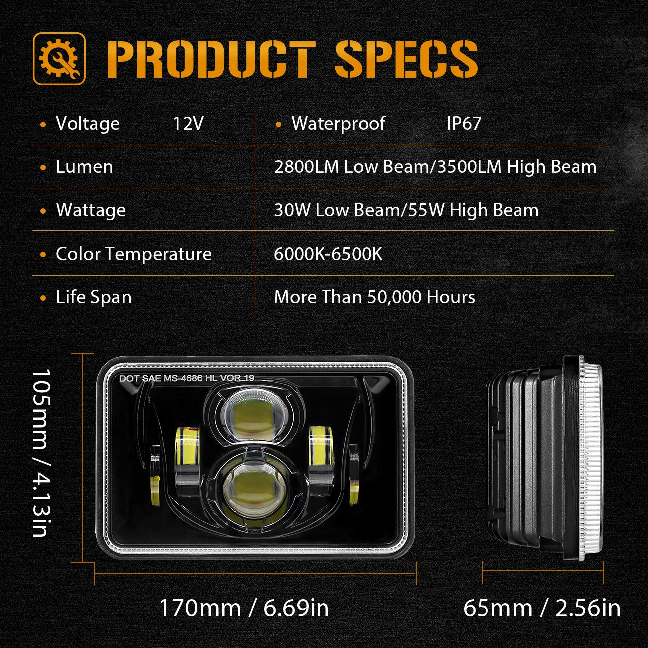 Auxbeam 4x6 LED Headlights, 4PCS 60W DOT Approved Rectangular H4651 H4652 H4656 H4666 H6545 Headlight Compatible with Kenworth Freightliner Peterbilt Ford Probe Oldsmobile Cutlass Trucks Black