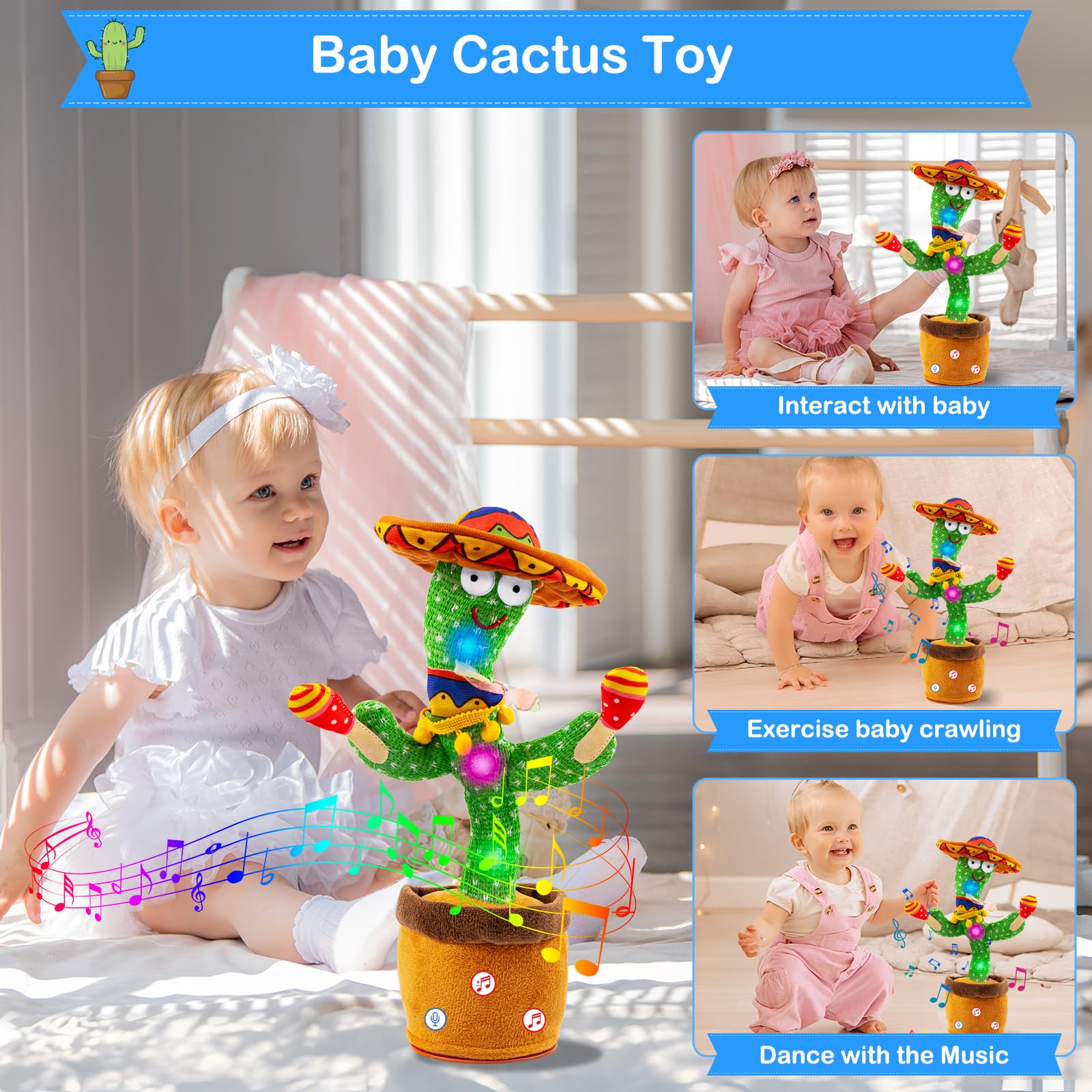 Ayeboovi Dancing Talking Cactus Toys for Baby Boys and Girls, Kids Adjust Volume Singing Record Repeating What You Say Sunny Cactus Mimicking Toy Electronic Light Up Plush Toy with 120 Songs