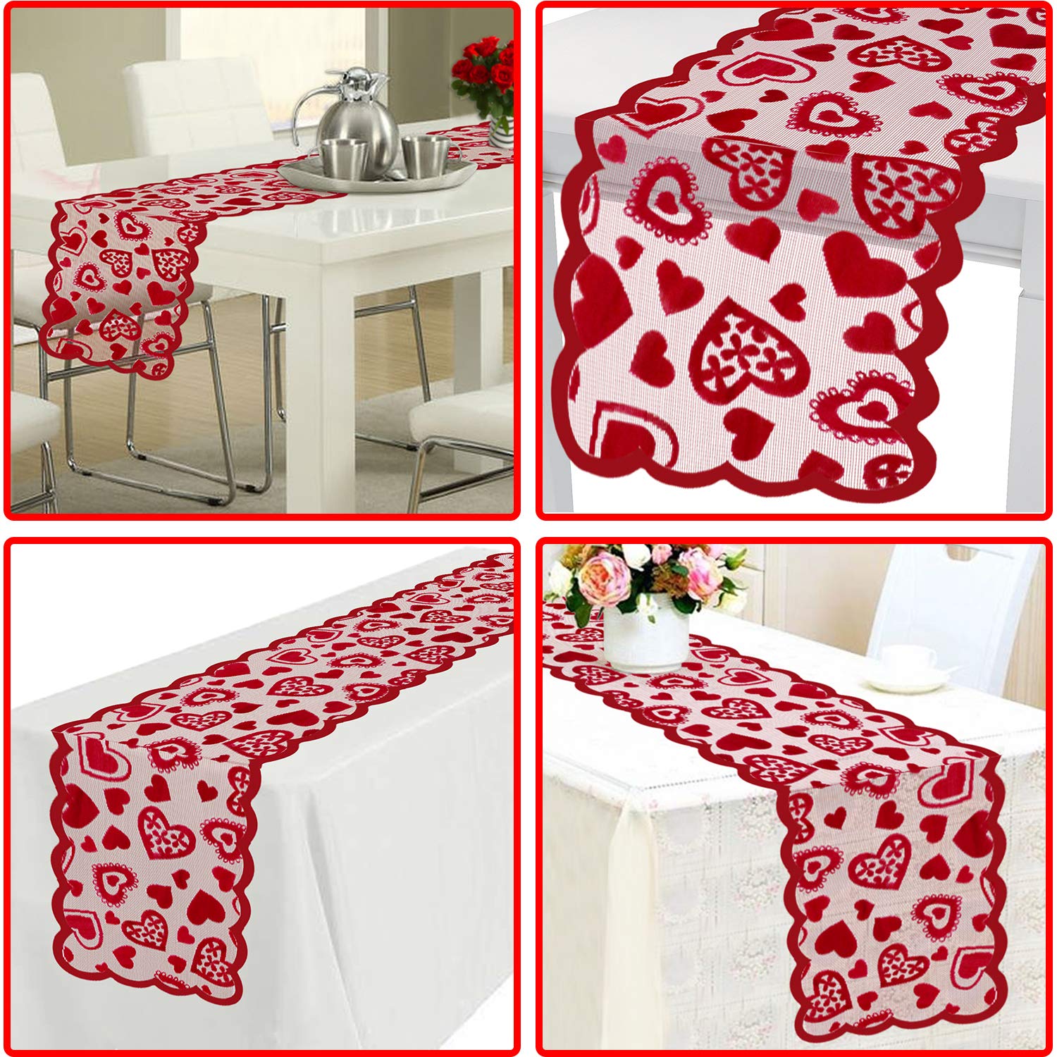 Mosoan Valentines Day Decor Table Runner - 13 x 72 Inch Red Lace Table Runner for Wedding Party, Valentines Decorations - Valentines Day Decor Home Romantic Decorations Heart Shaped Table Runner